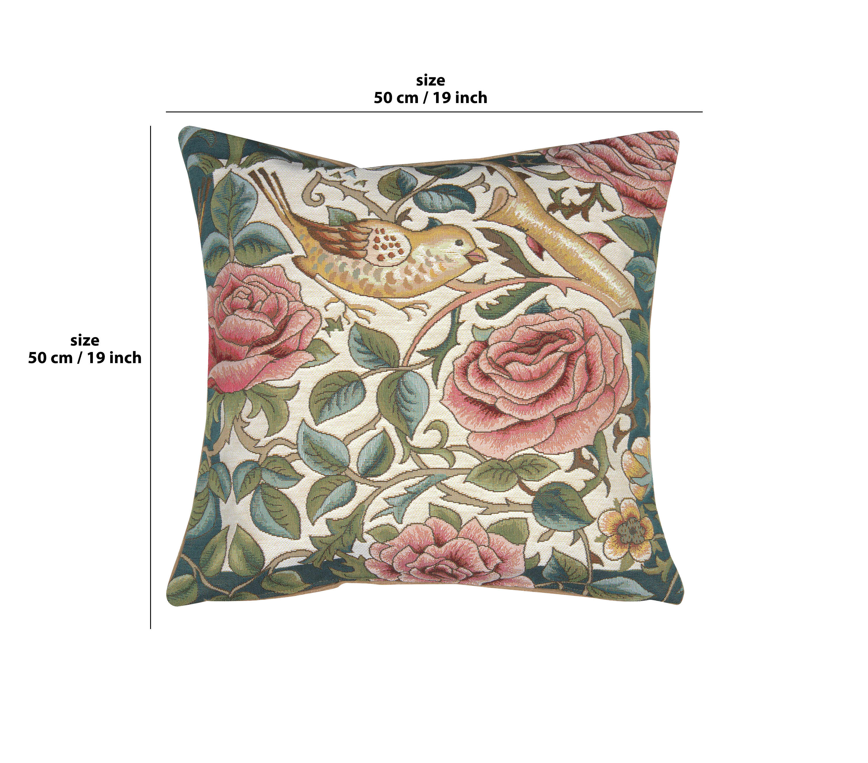 Zoom Bird and Roses White French Tapestry Pillow Cover 19x19 inch Cotton Jacquard Woven Cushion Cover