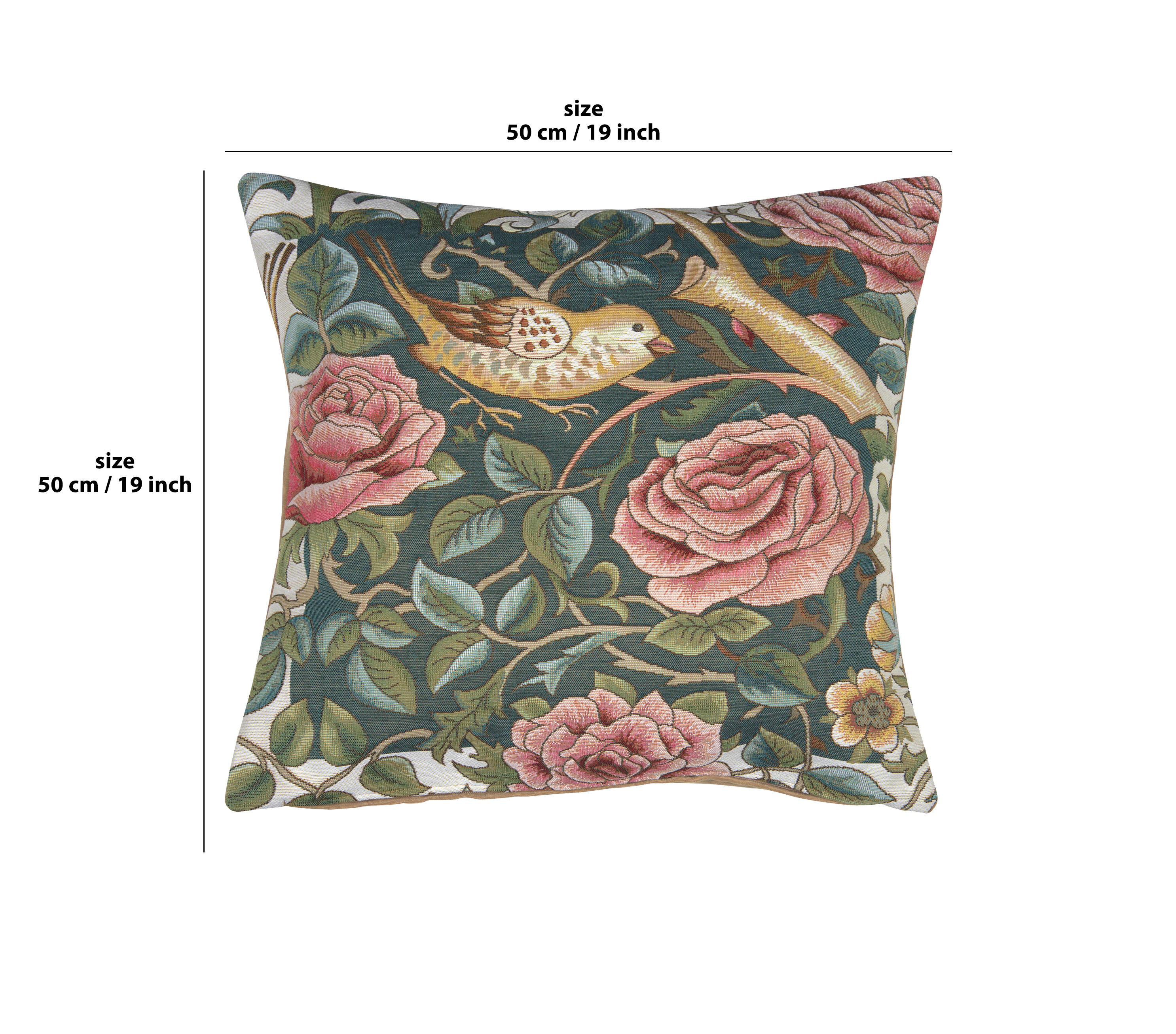 Zoom Bird and Roses Blue French Tapestry Pillow Cover 19x19 inch Cotton Jacquard Woven Cushion Cover