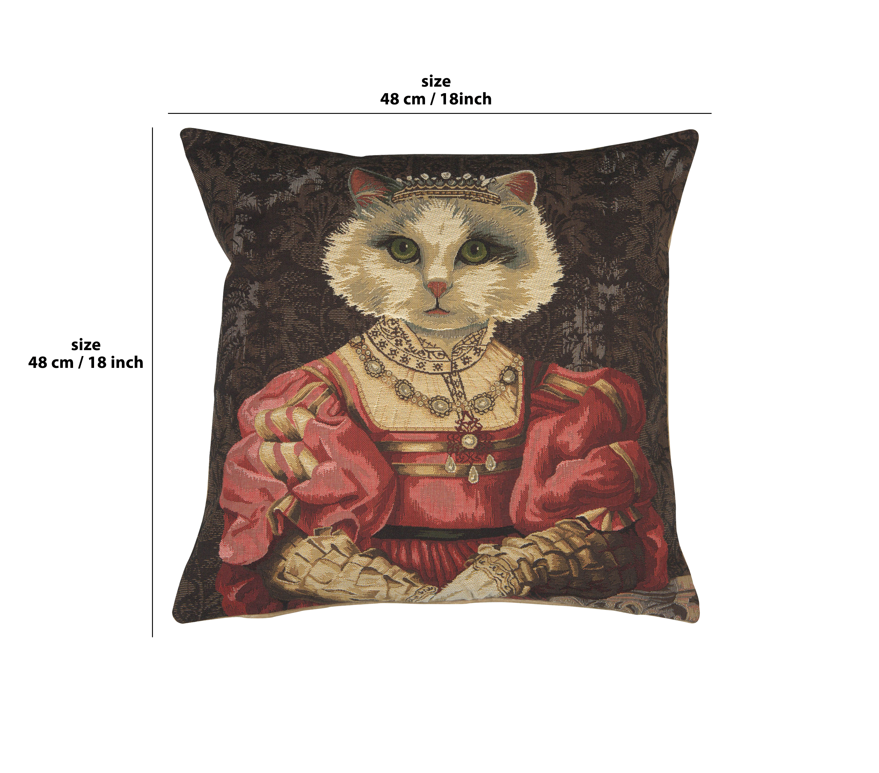 Cat with Crown Belgian Tapestry Pillow Cover 18x18 Inch Cotton Jacquard Woven Cushion Cover
