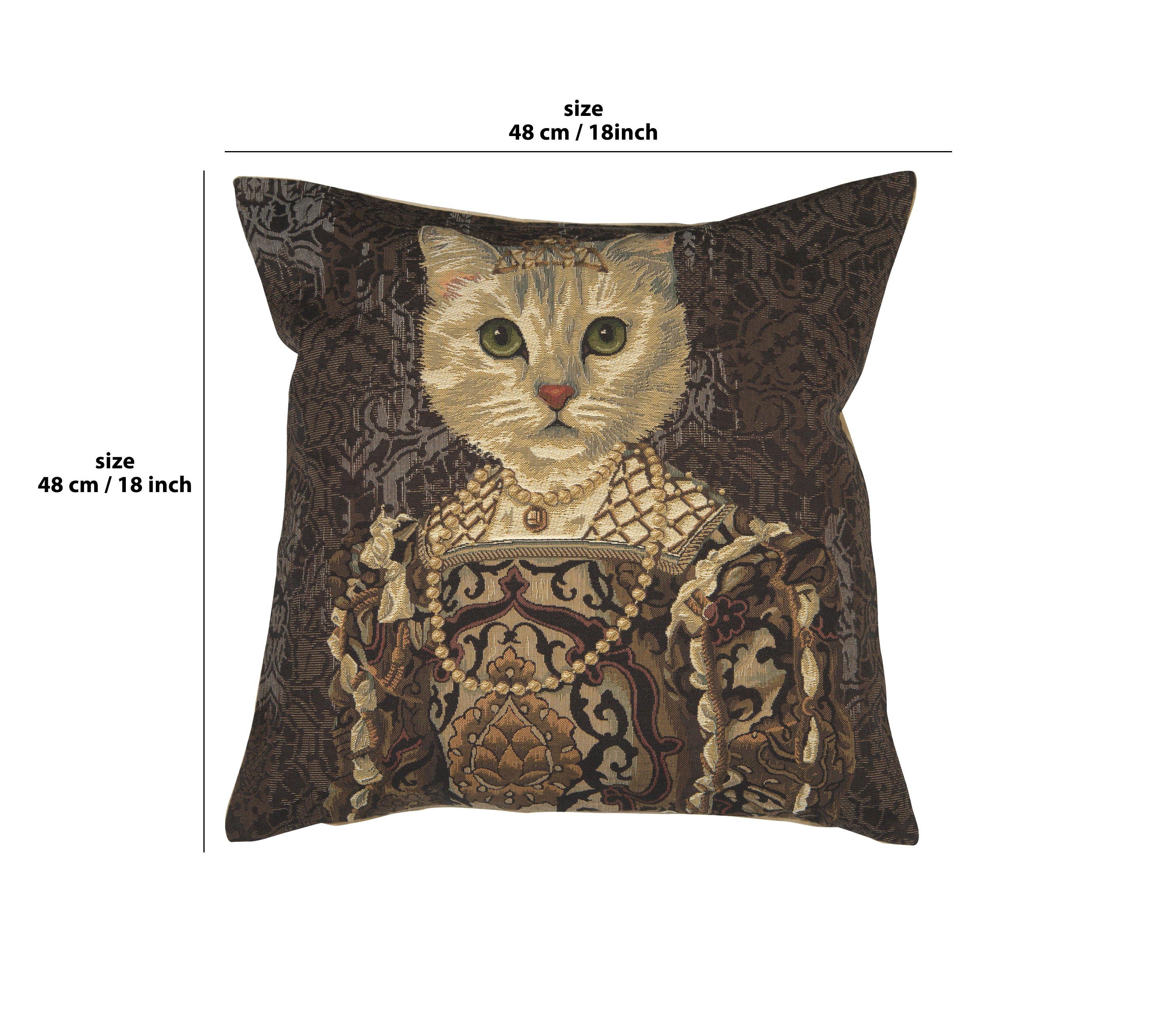 Cat with Crown Belgian Tapestry Pillow Cover 18x18 Inch Cotton Jacquard Woven Cushion Cover