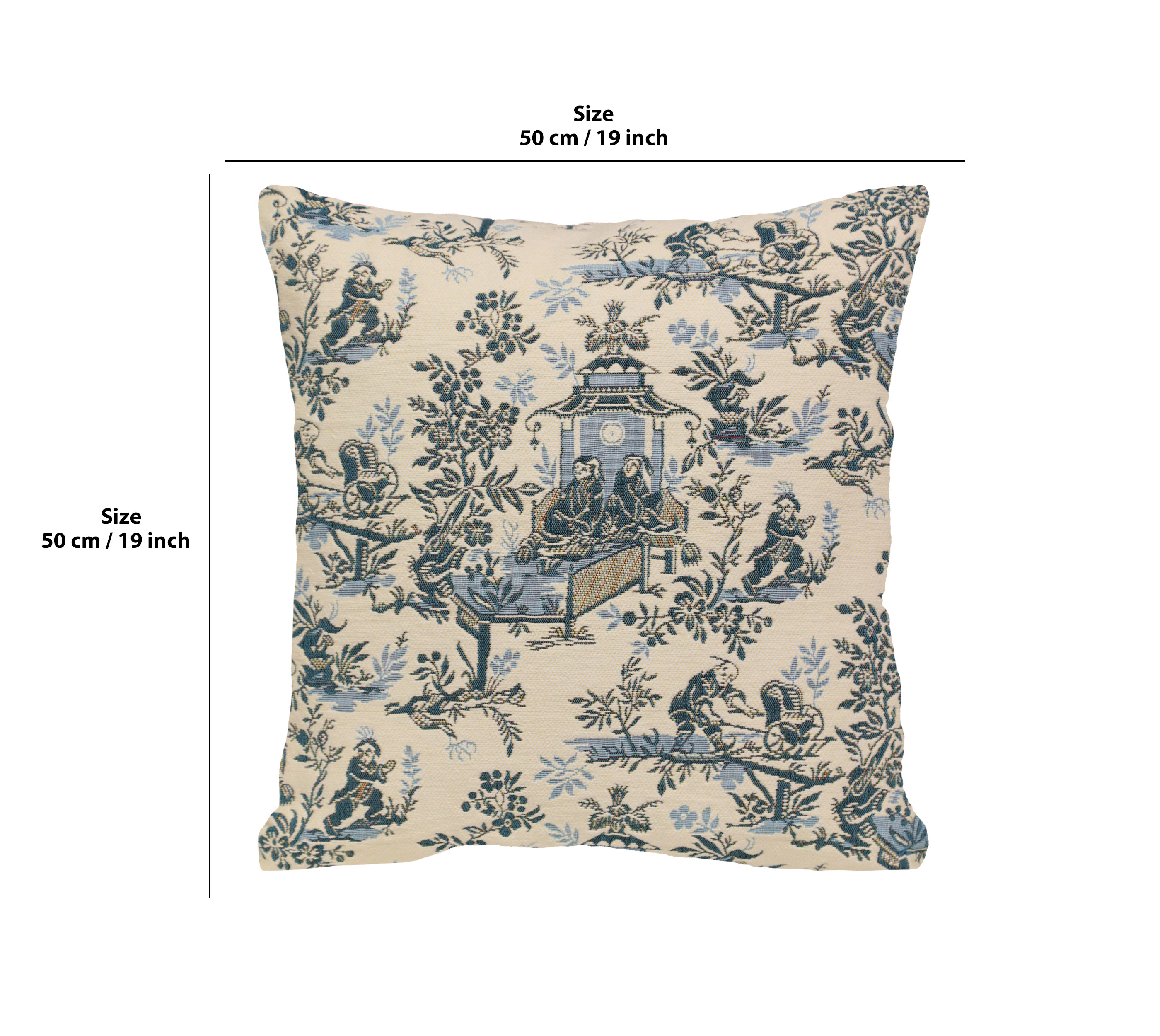 The Chinese on a Wheelbarrow Kiosk Blue French Tapestry Pillow Cover 19x19 Inch Cotton Jacquard Woven Cushion Cover