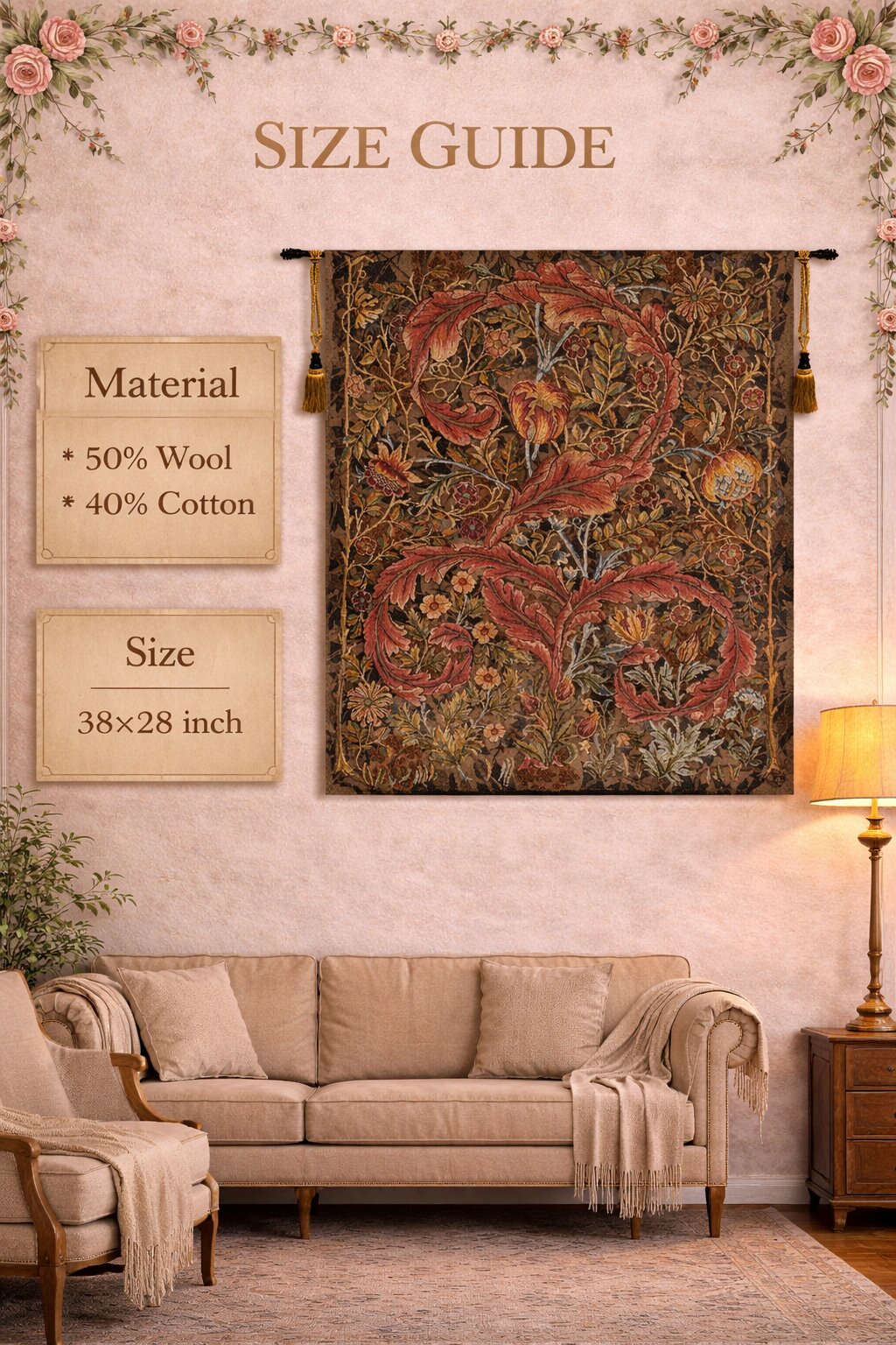 William Morris Acanthe Brown Tapestry Wall Hanging 38 x 28 in Jacquard Woven Arts and Crafts Botanical Wall Art