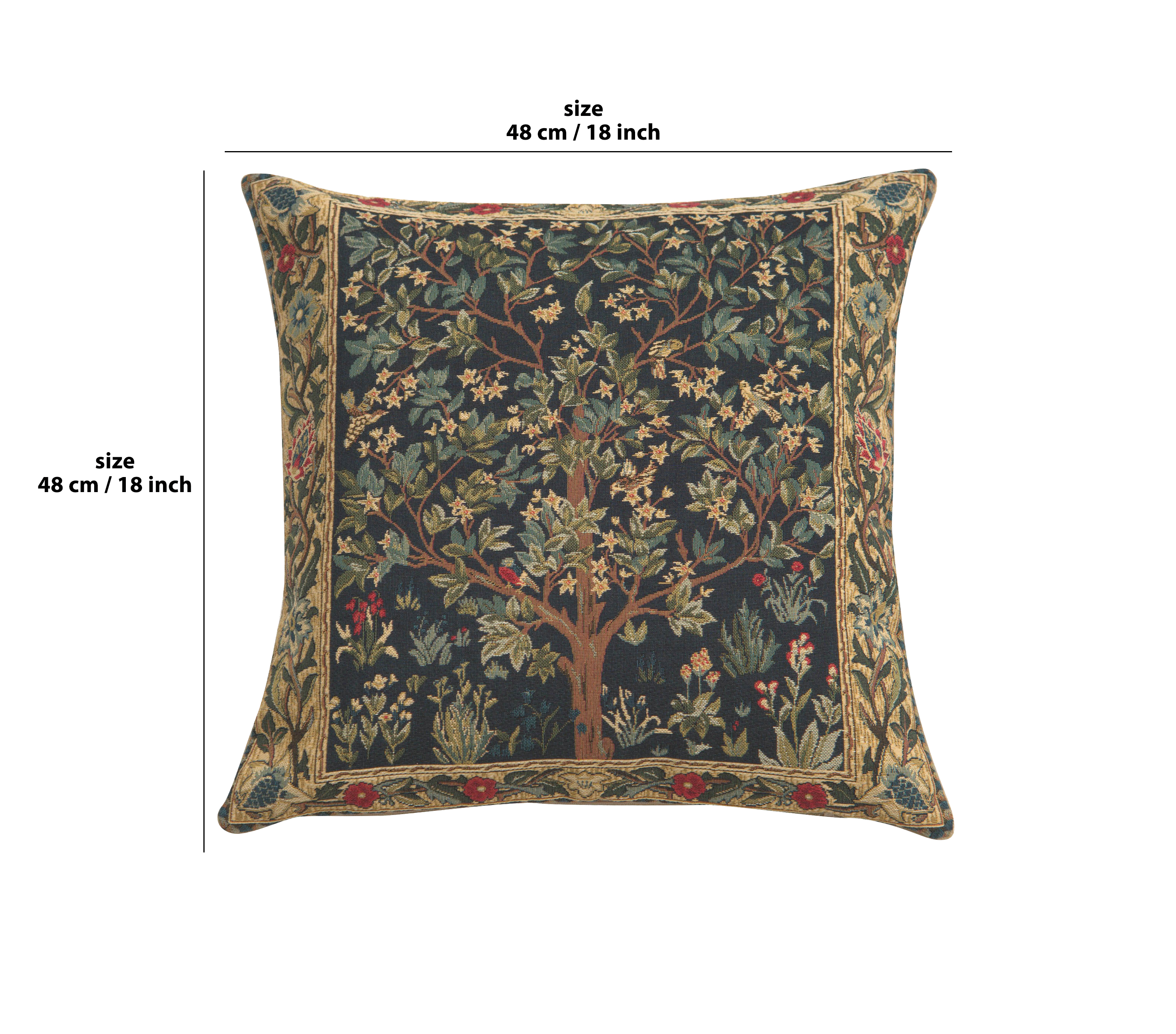 Blue Tree of Life Belgian Tapestry Pillow Cover 18x18 inch 100% Cotton Belgian Jacquard Woven Cushion Cover