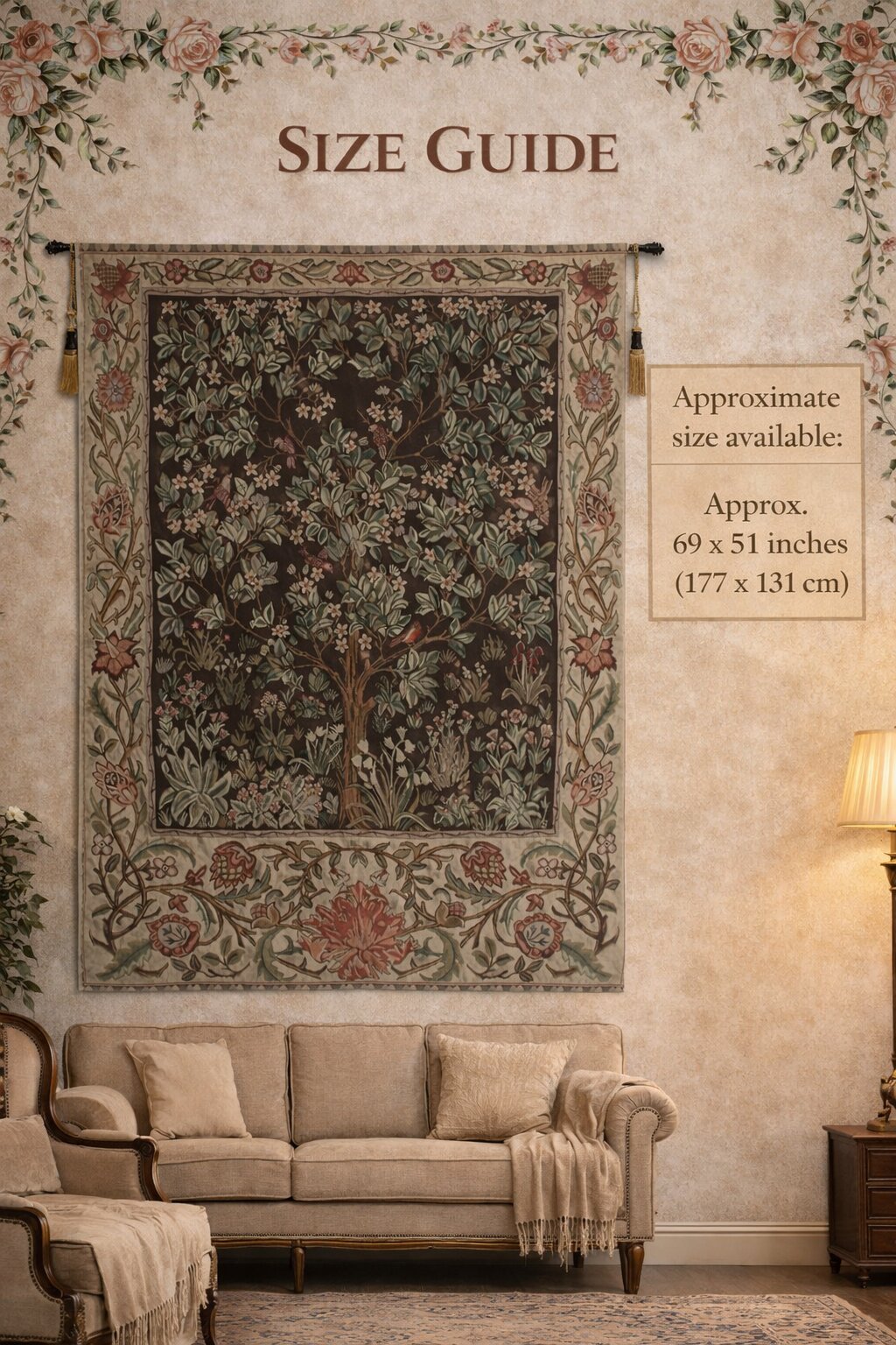 William Morris Tree of Life Brown Tapestry Wall Hanging 69 x 51 in Jacquard Woven Arts Crafts Decor