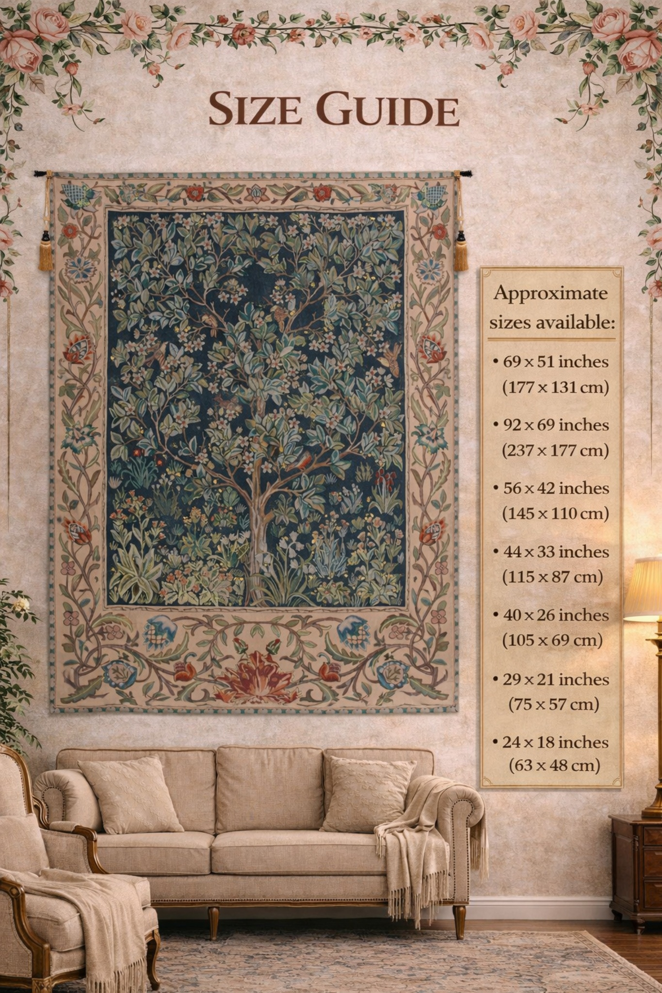 William Morris Tree of Life Tapestry Wall Hanging 24 x 18 in Jacquard Woven Arts Crafts Wall Decor