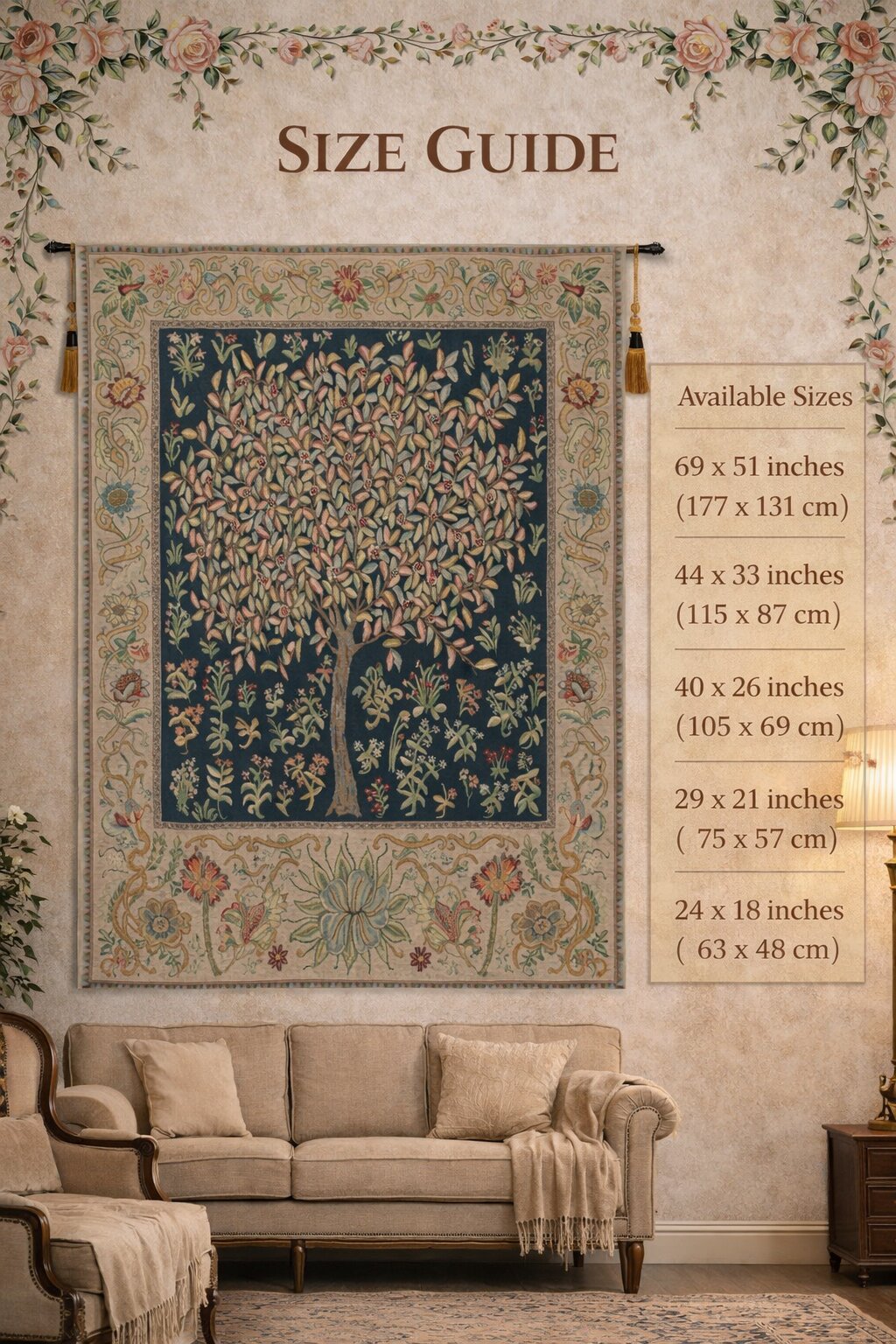 William Morris Pastel Tree of Life Tapestry Wall Hanging 24 x 18 in Jacquard Woven Arts Crafts Decor
