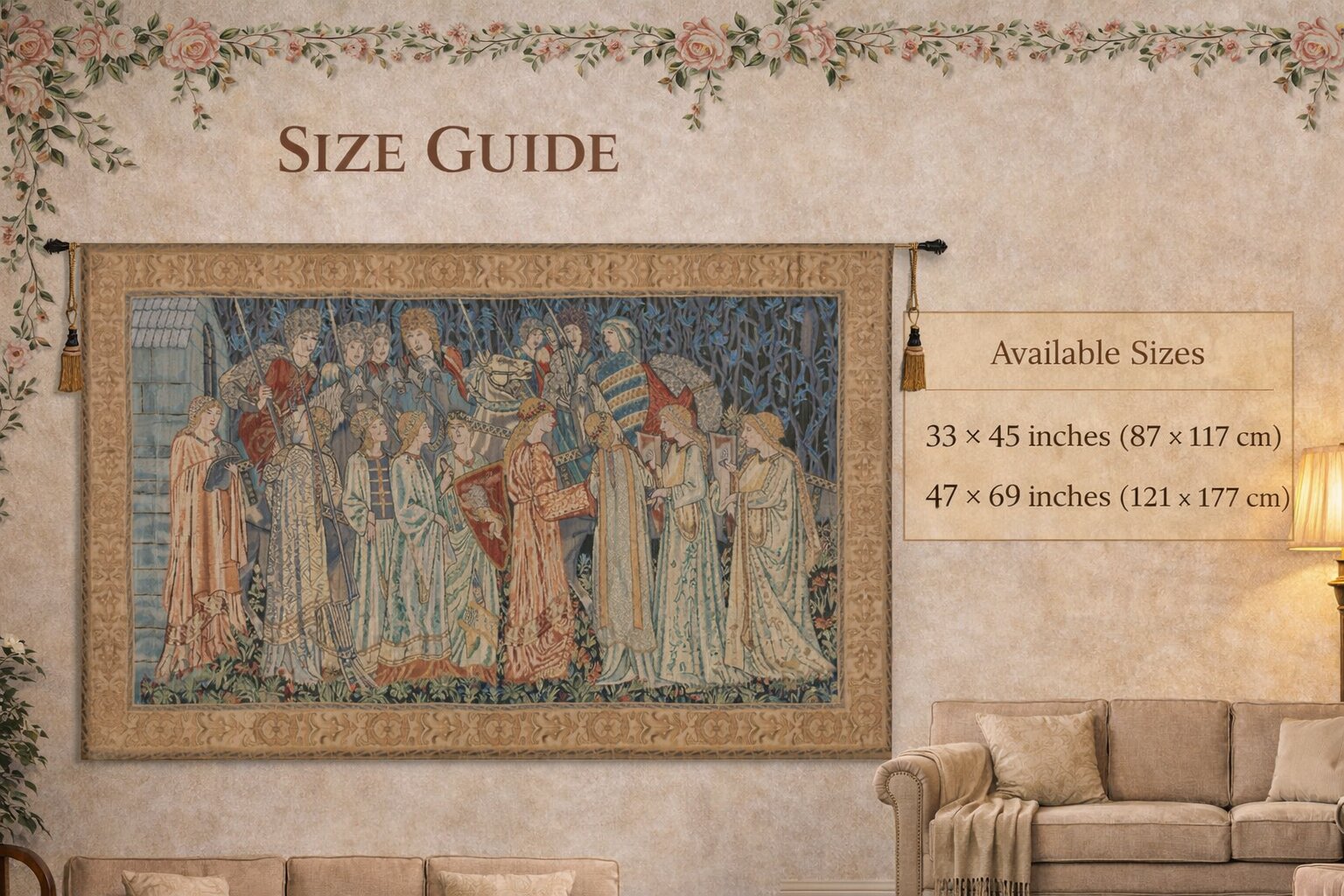 William Morris Knights Departure Tapestry Wall Hanging 33 x 45 in Medieval Jacquard Woven Arts Crafts Decor