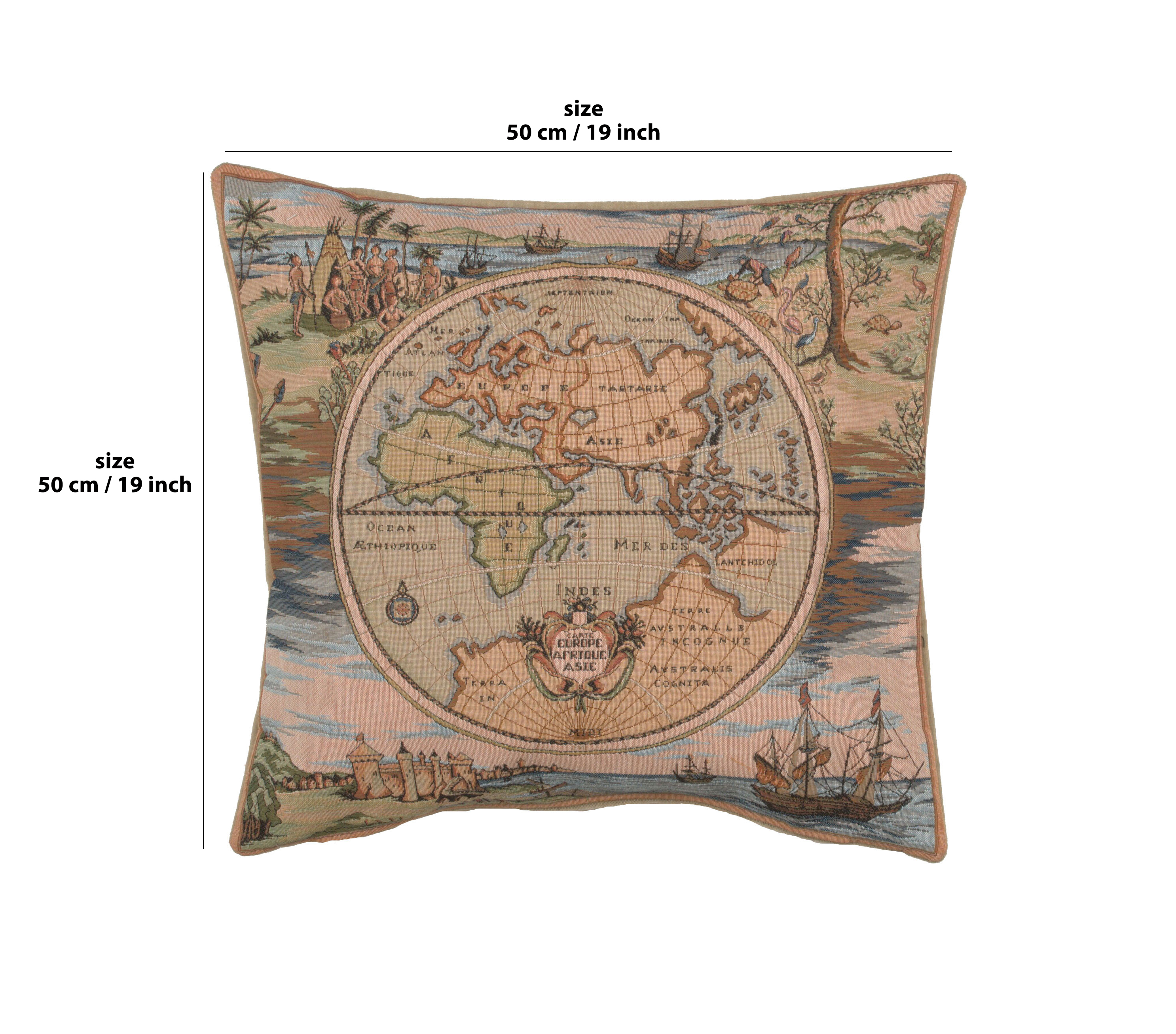 Gerardus Mercator Map of the World Tapestry Pillow Cover 19x19 Inch Cotton Jacquard Woven Cushion Cover