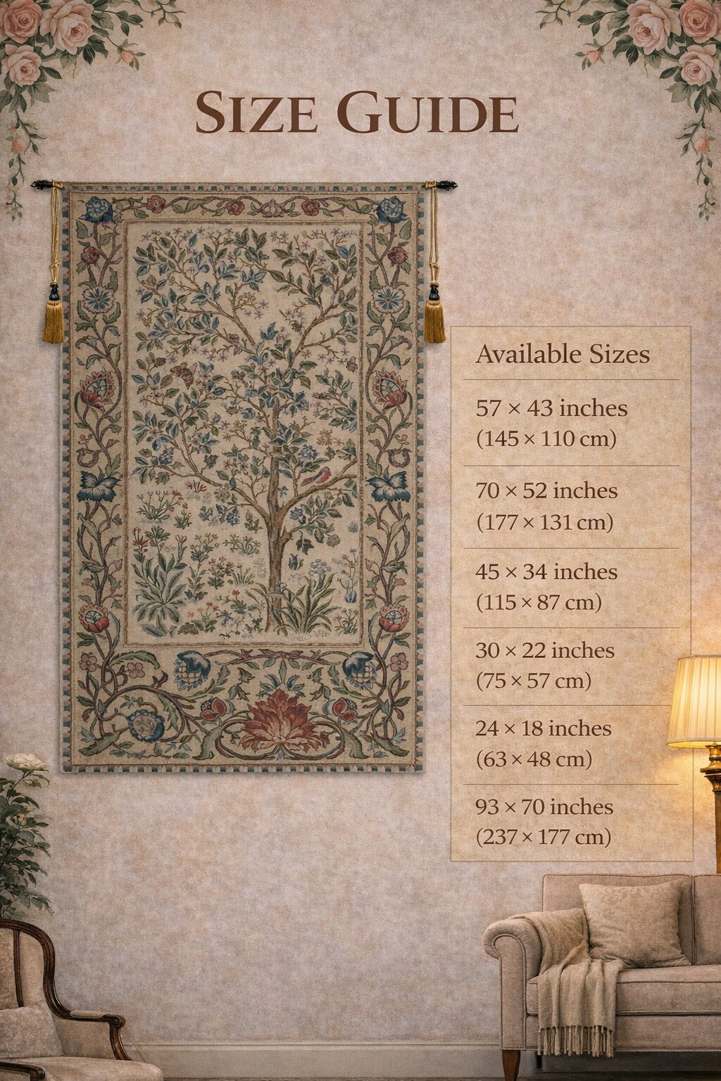 William Morris The Tree of Life Beige Tapestry Wall Hanging 24 x 18 in Arts and Crafts Botanical Jacquard Woven Wall Art