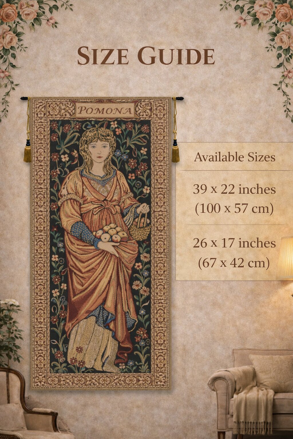 William Morris The Pomona Tapestry Wall Hanging 26 x 17 in Pre-Raphaelite Botanical Woman Jacquard Woven Wall Art
