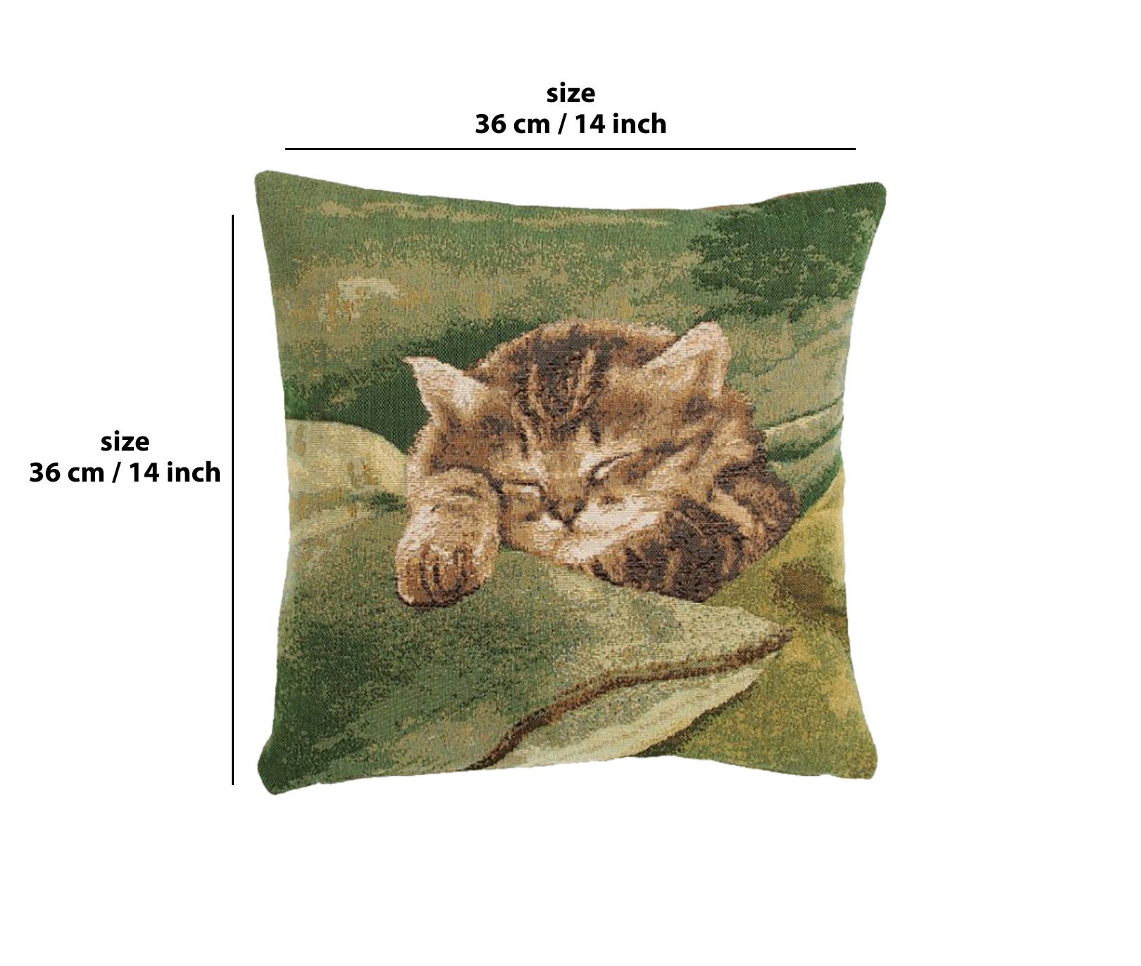 Alexandre Francois Sleeping Cat Green Tapestry Pillow Cover 14x14 Inch Cotton Jacquard Woven Cushion Cover