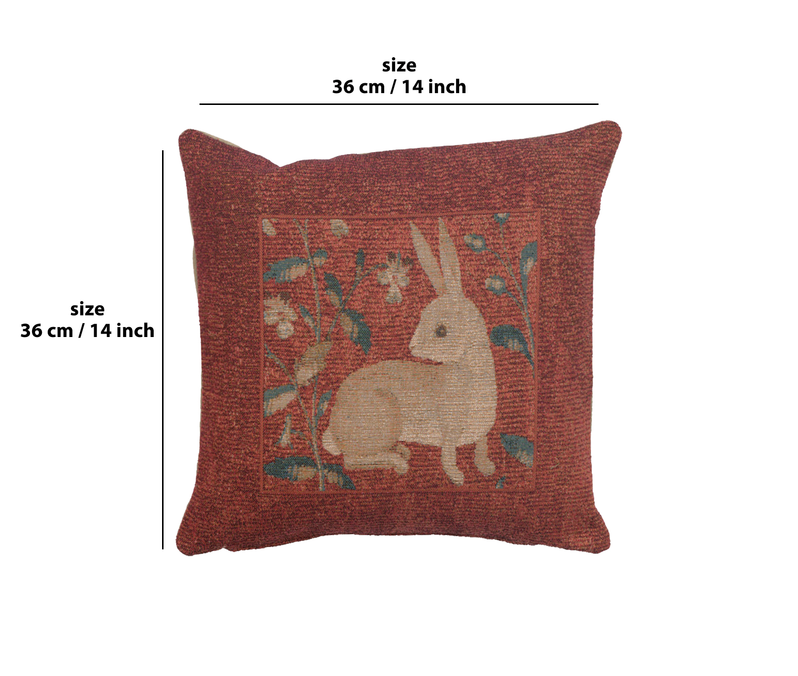 Medieval Sitting Rabbit in Red Tapestry Pillow Cover 14x14 Inch Cotton Jacquard Woven Cushion Cover