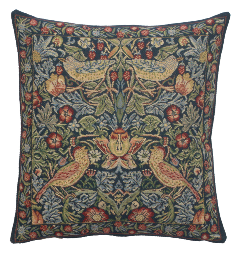 Blue Strawberry Belgian Tapestry Pillow Cover 16x16 inch Cotton Jacquard Woven Cushion Cover