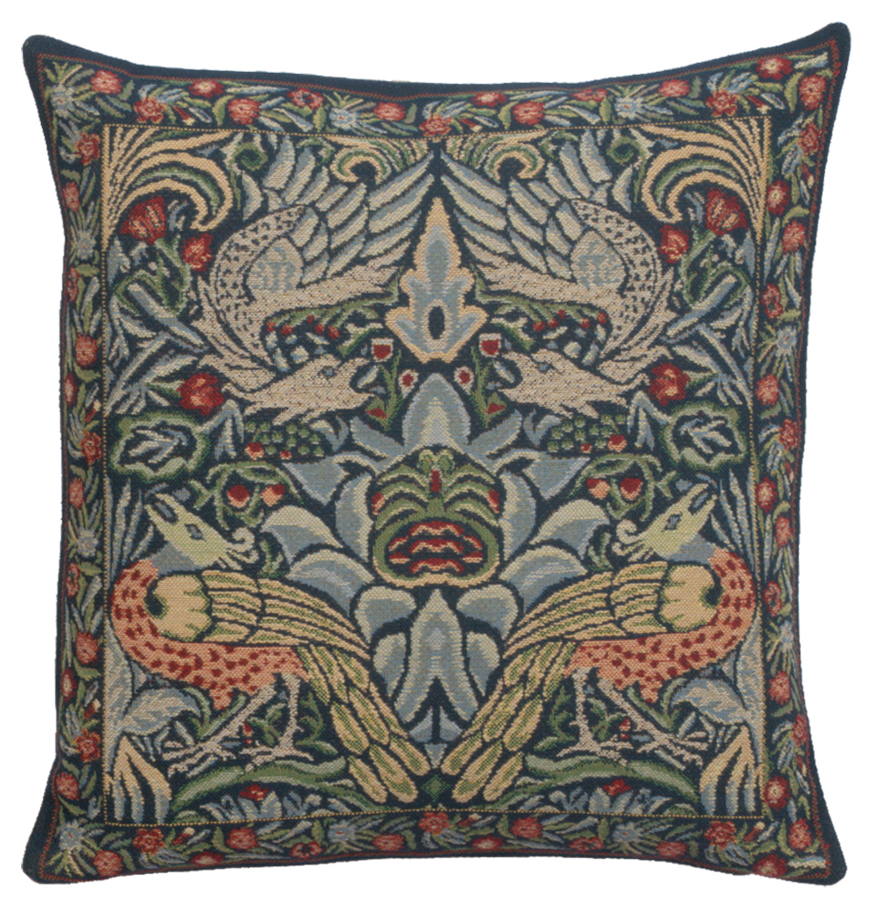 Blue Peacock Belgian Tapestry Pillow Cover 16x16 inch Cotton Jacquard Woven Cushion Cover