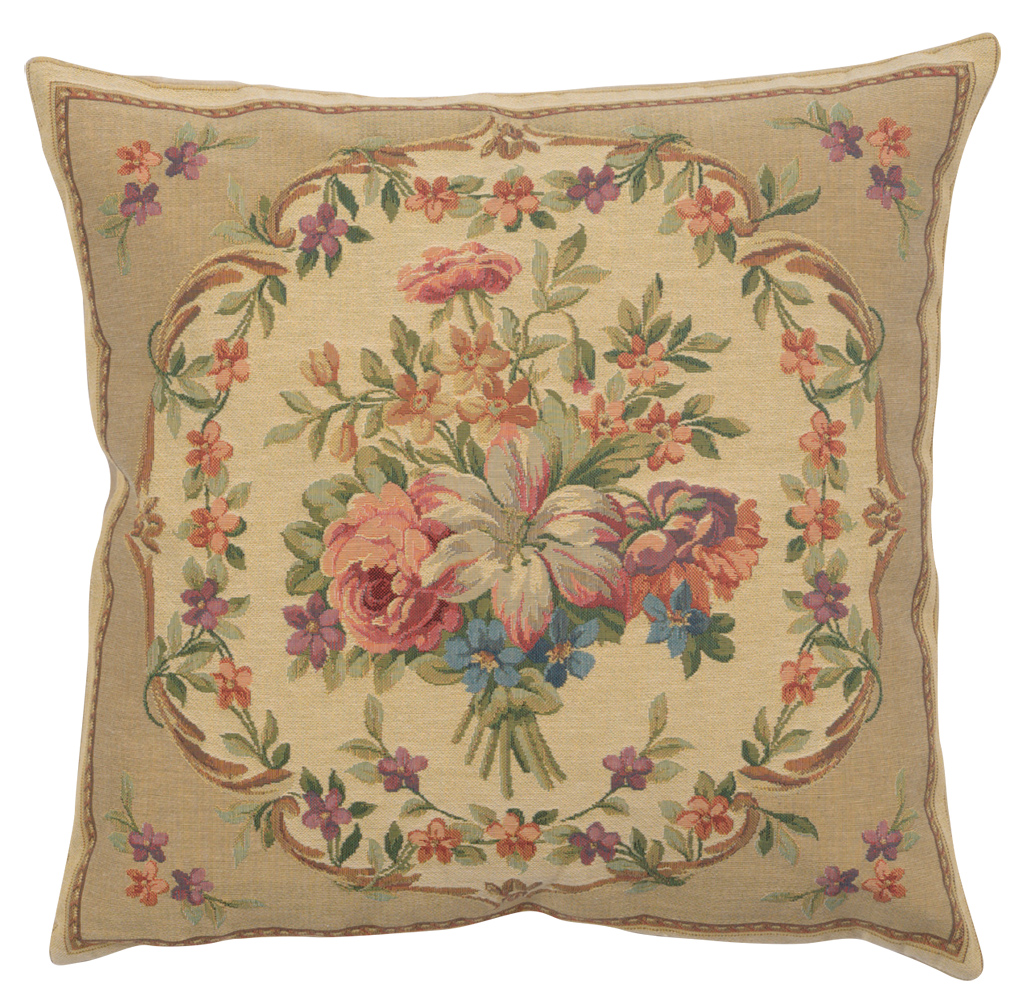 Floral Bouquet Beige Tapestry Pillow Cover 18x18 Inch Cotton Jacquard Woven Cushion Cover