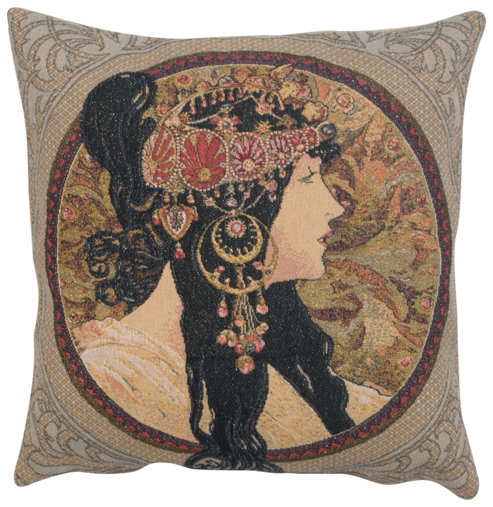 Alphonse Mucha Brunette Tapestry Pillow Cover 18x18 Inch Cotton Jacquard Woven Cushion Cover
