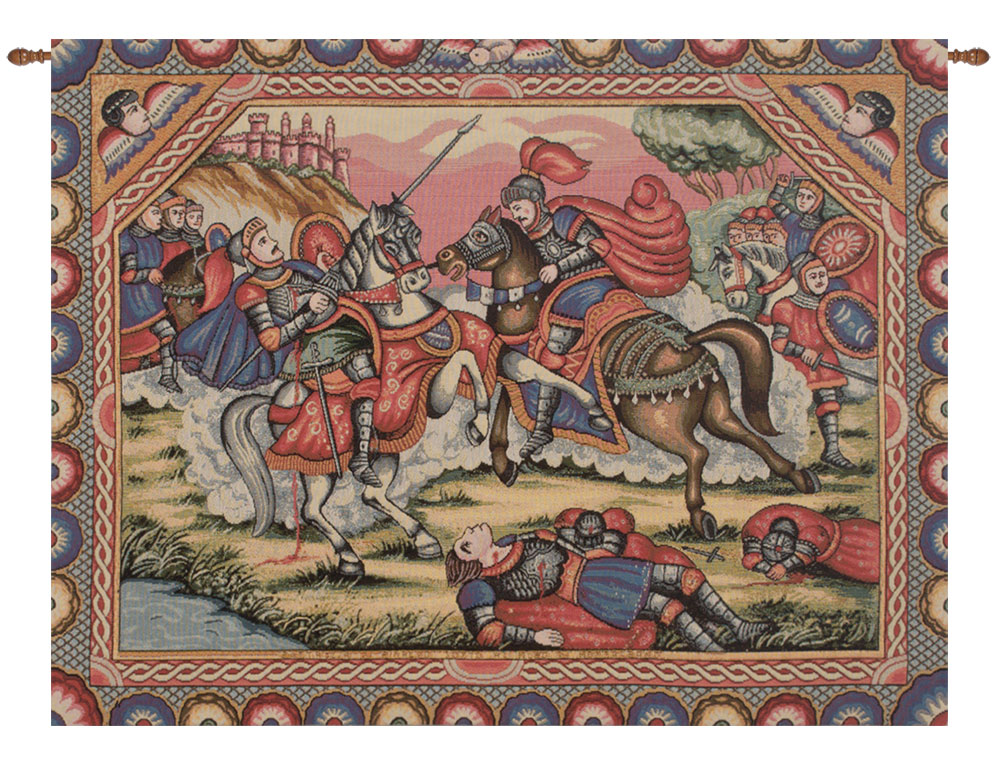Vintage Ronald's Battle Medieval Tapestry Wall Hanging 25 x 33 in Knight Battle Scene Jacquard Woven Wall Art