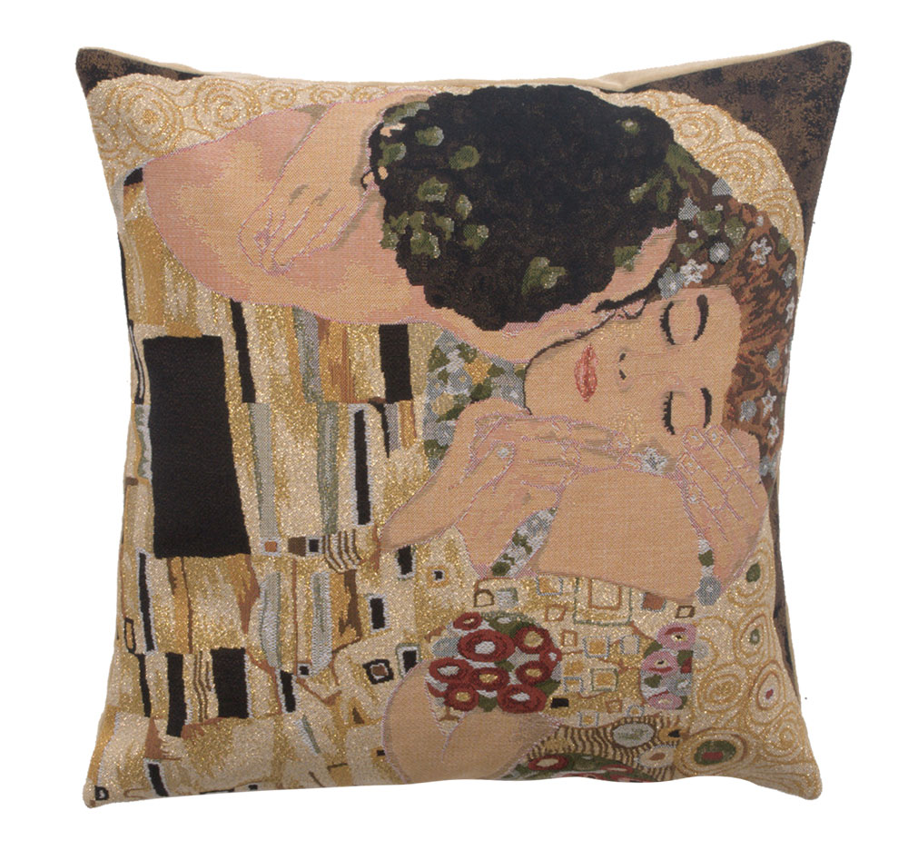 Gustav Klimt Le Baiser Tapestry Pillow Cover 18x18 Inch Cotton Jacquard Woven Cushion Cover