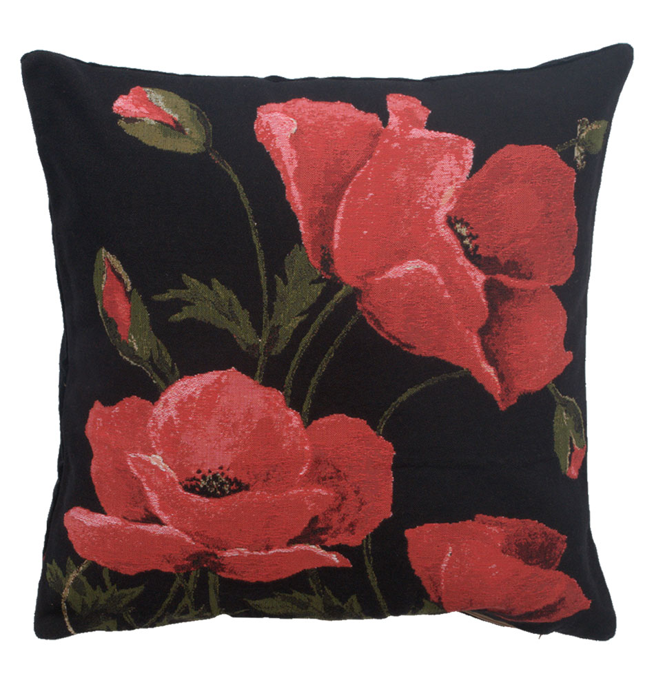 Floral Poppies Large Tapestry Pillow Cover 18x18 Inch Cotton Jacquard Woven Cushion Cover