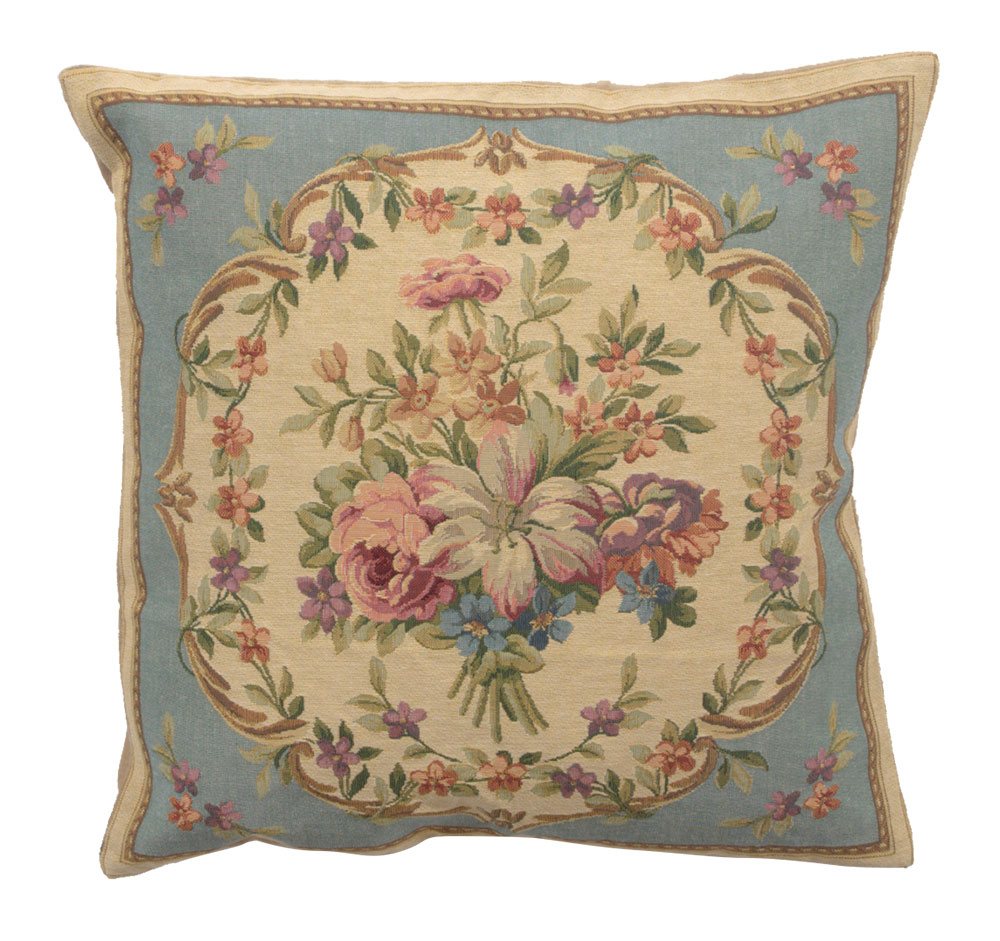 Floral Bouquet Blue Tapestry Pillow Cover 18x18 Inch Cotton Jacquard Woven Cushion Cover