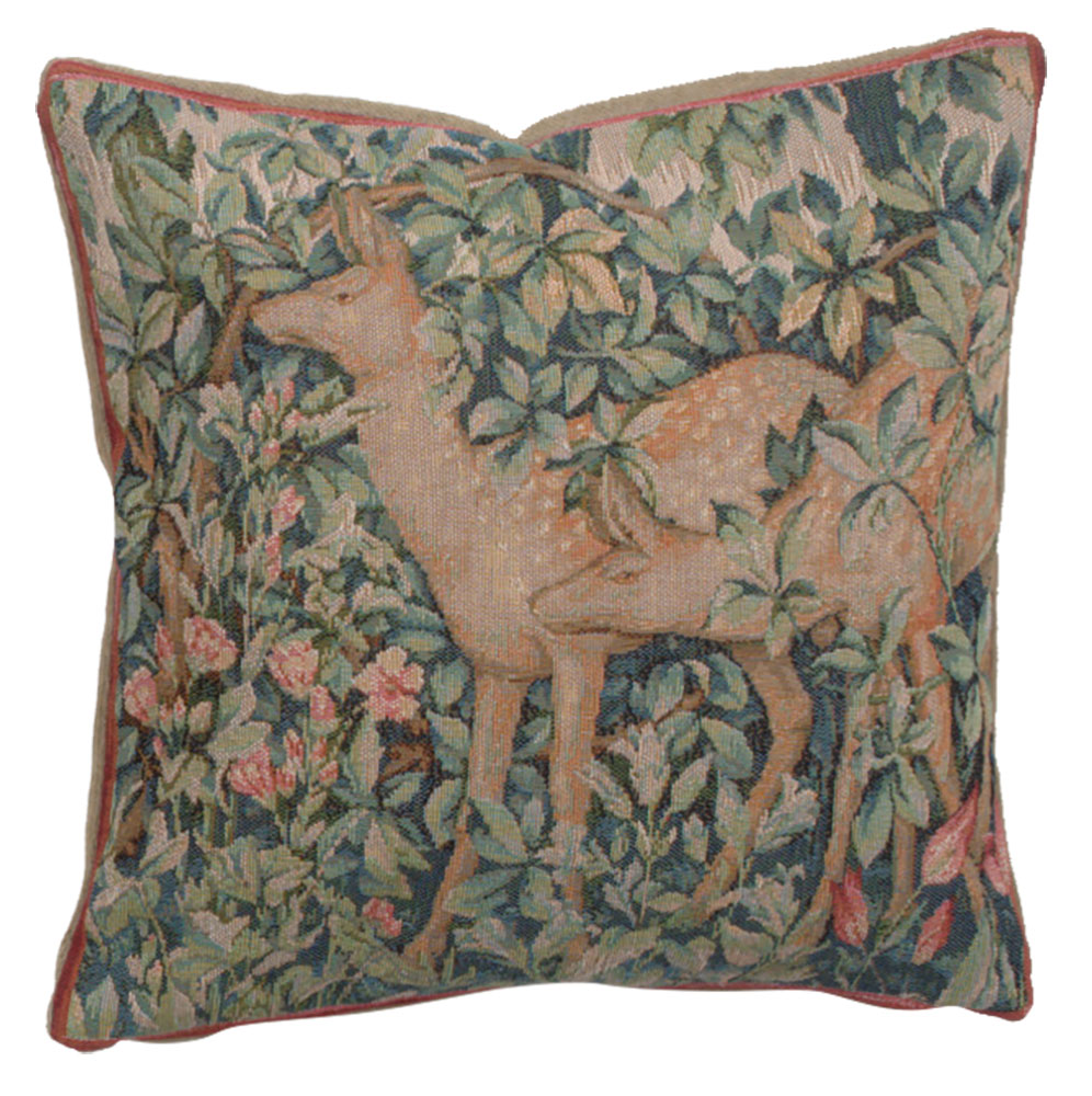 Two Does in a Forest French Tapestry Pillow Cover 14x14 Cotton Jacquard Woven Cushion Cover