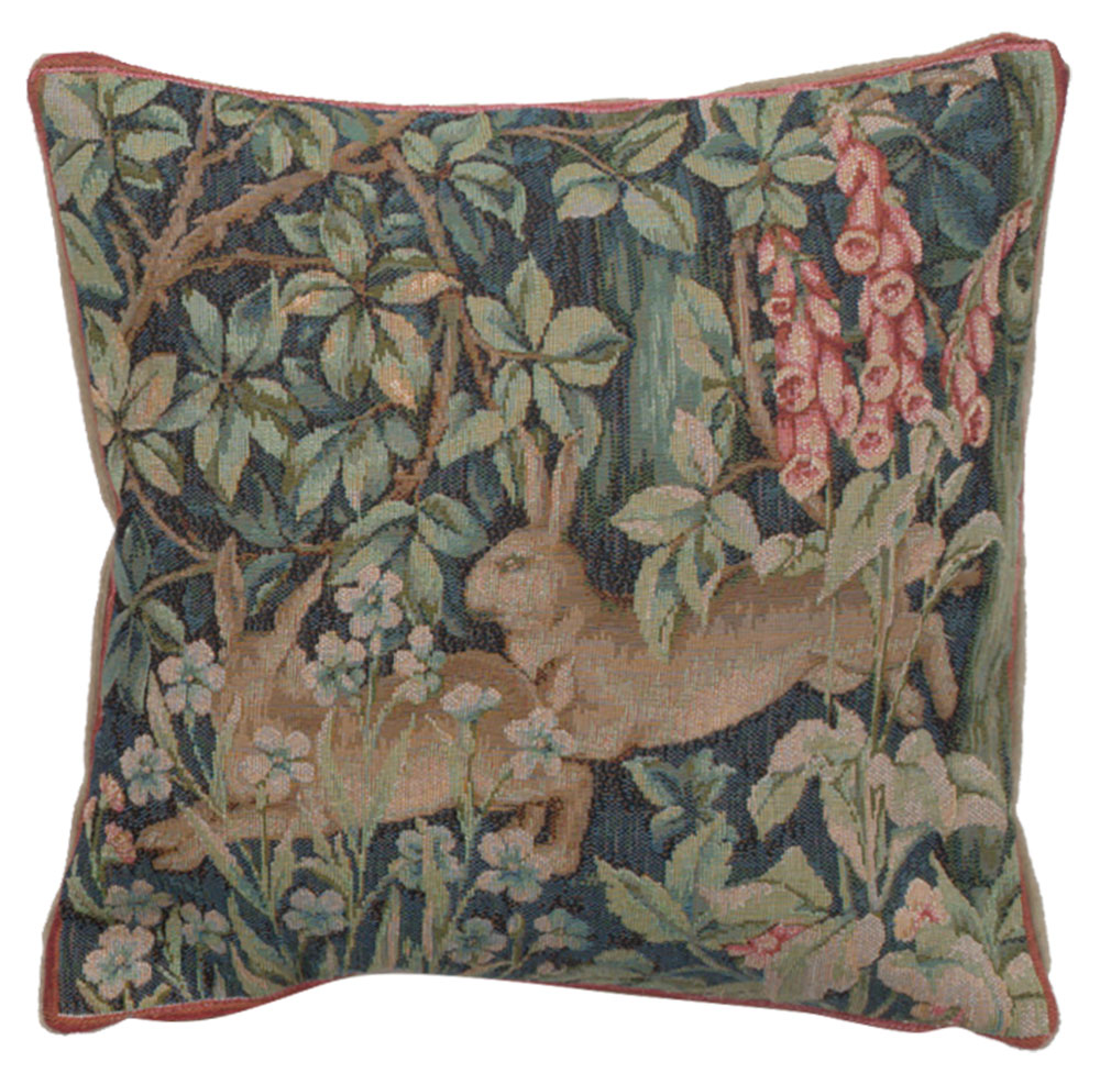 Two Hares in a Forest French Tapestry Pillow Cover 14x14 Cotton Jacquard Woven Cushion Cover