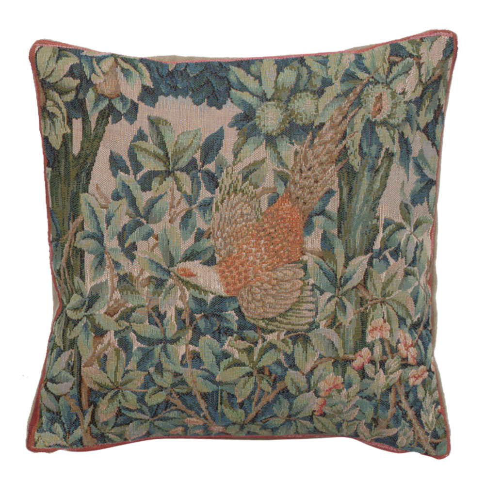 Pheasant in a Forest French Tapestry Pillow Cover 14x14 Cotton Jacquard Woven Cushion Cover
