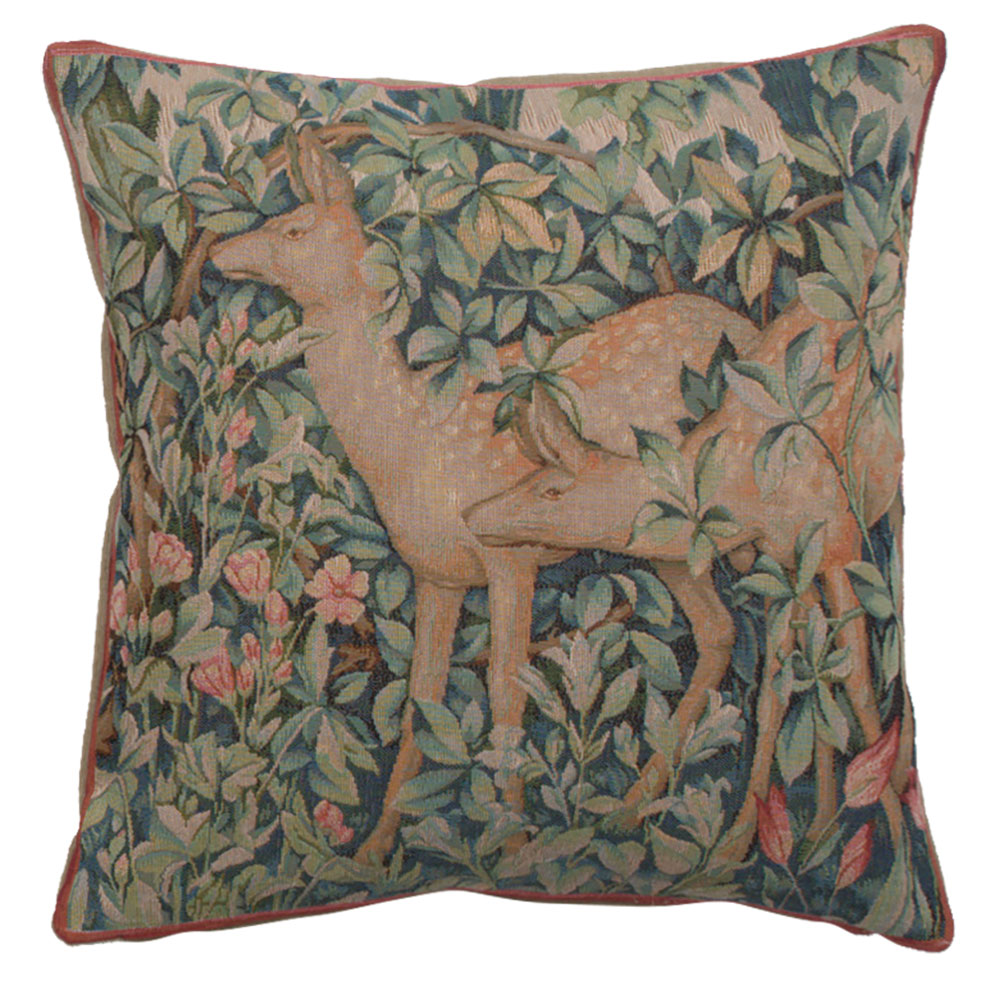 Two Does in a Forest French Tapestry Pillow Cover 19x19 inch Cotton Jacquard Woven Cushion Cover