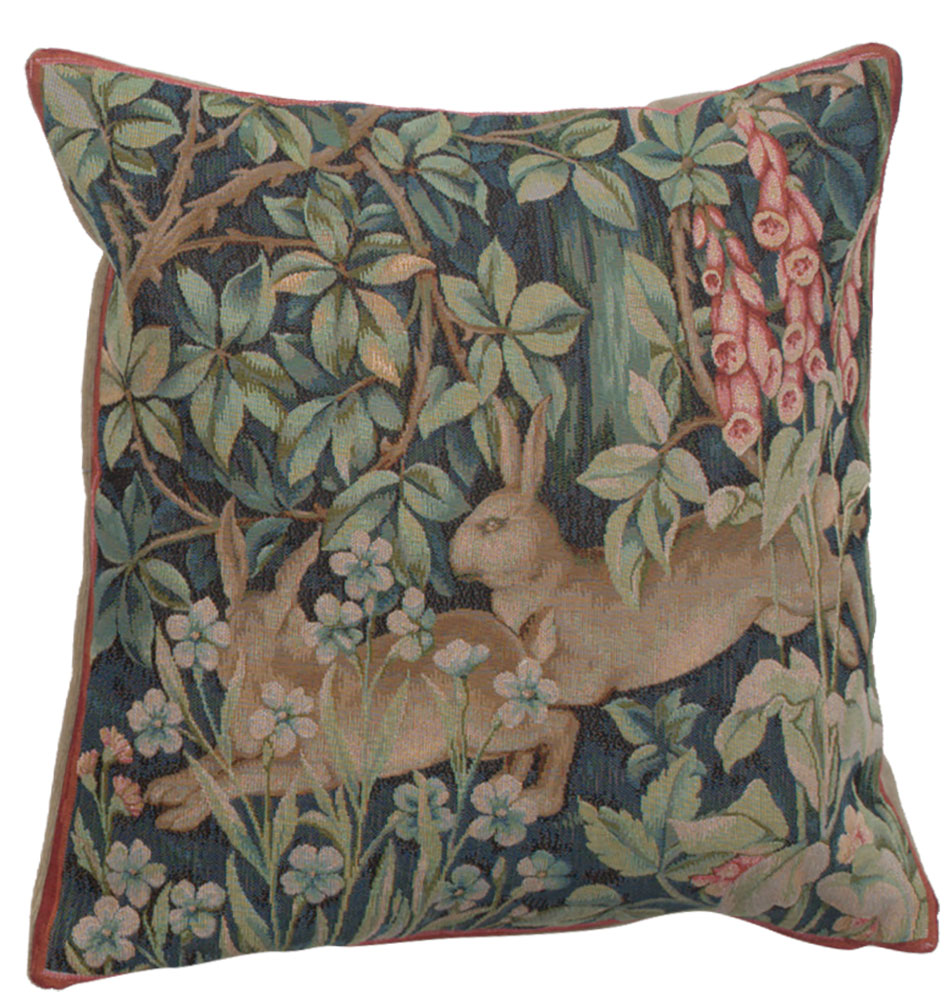 Two Hares in a Forest French Tapestry Pillow Cover 19x19 inch Cotton Jacquard Woven Cushion Cover