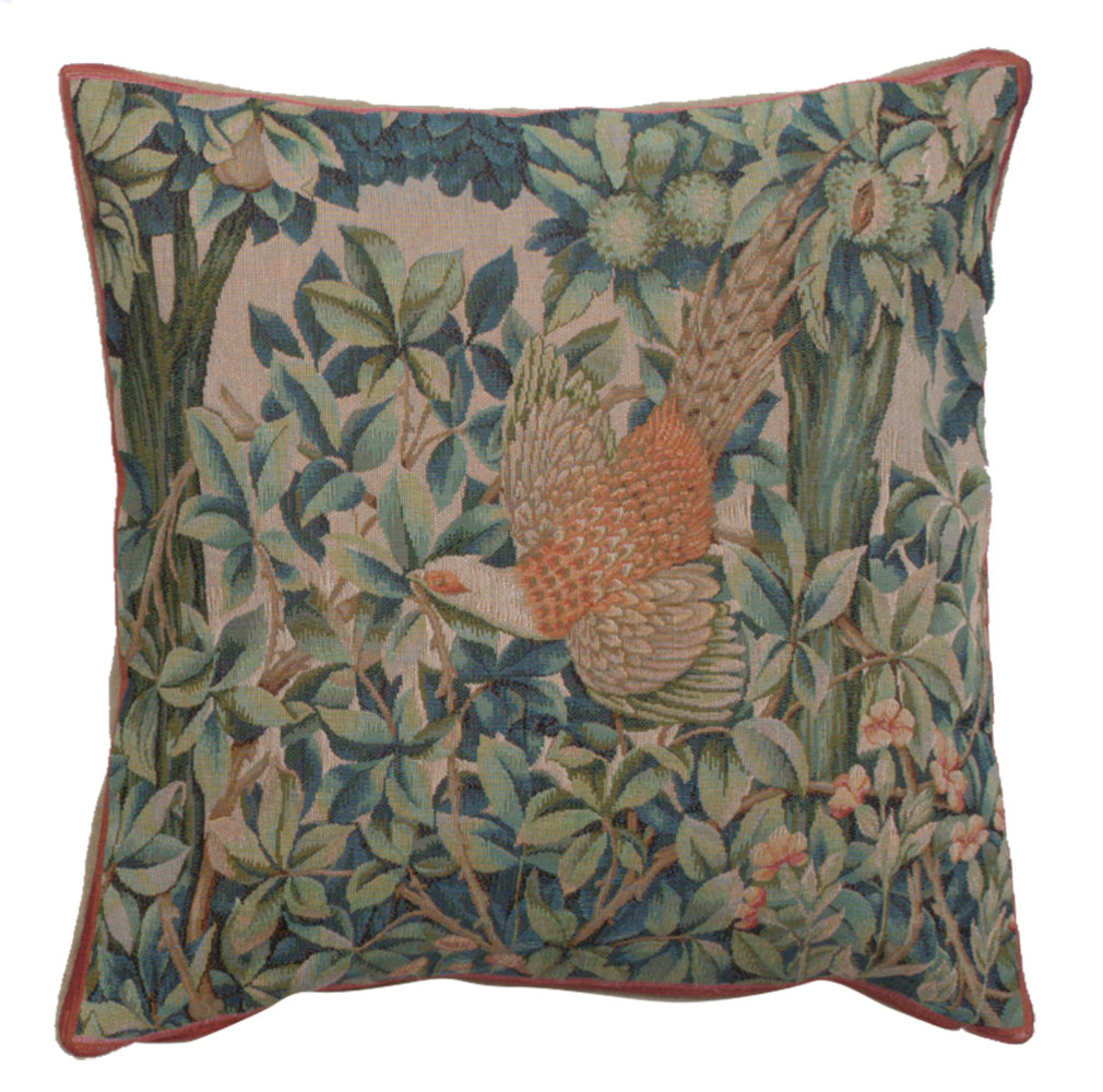 Pheasant in a Forest French Tapestry Pillow Cover 19x19 inch Cotton Jacquard Woven Cushion Cover