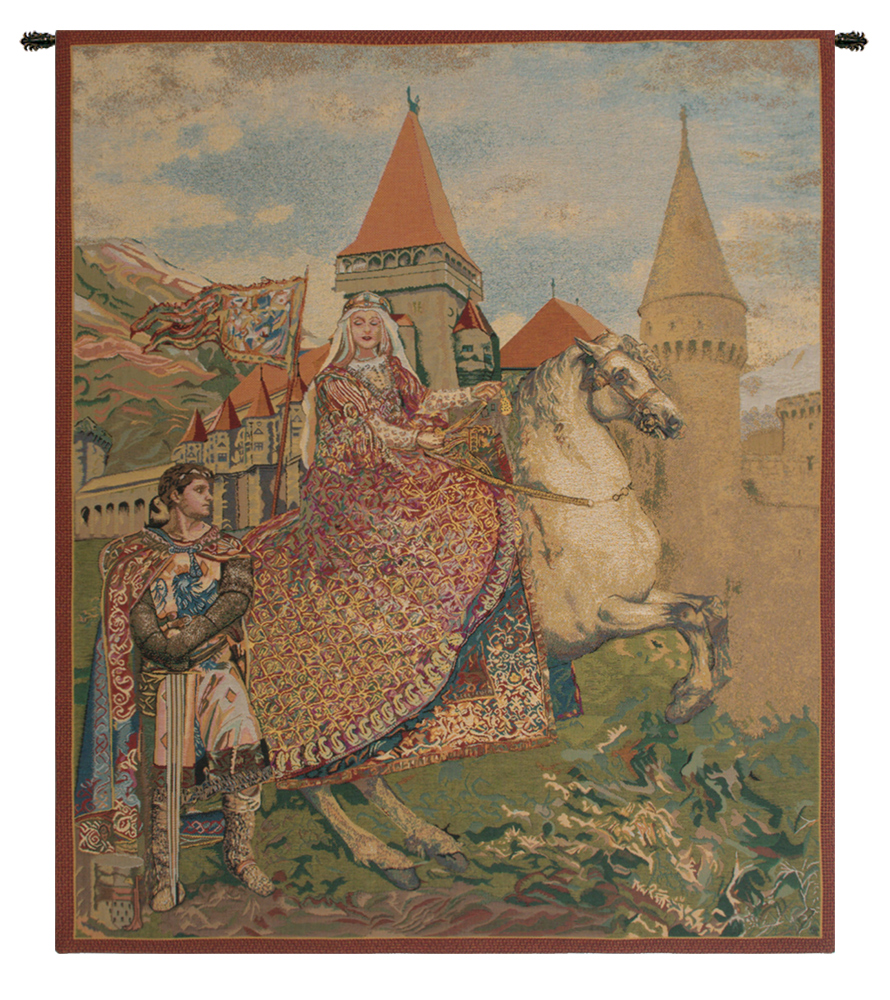 Vintage Sir Lancelot & Guinevere Renaissance Tapestry Wall Hanging 53 x 45 Medieval Arthurian Romance Jacquard Woven Wall Art