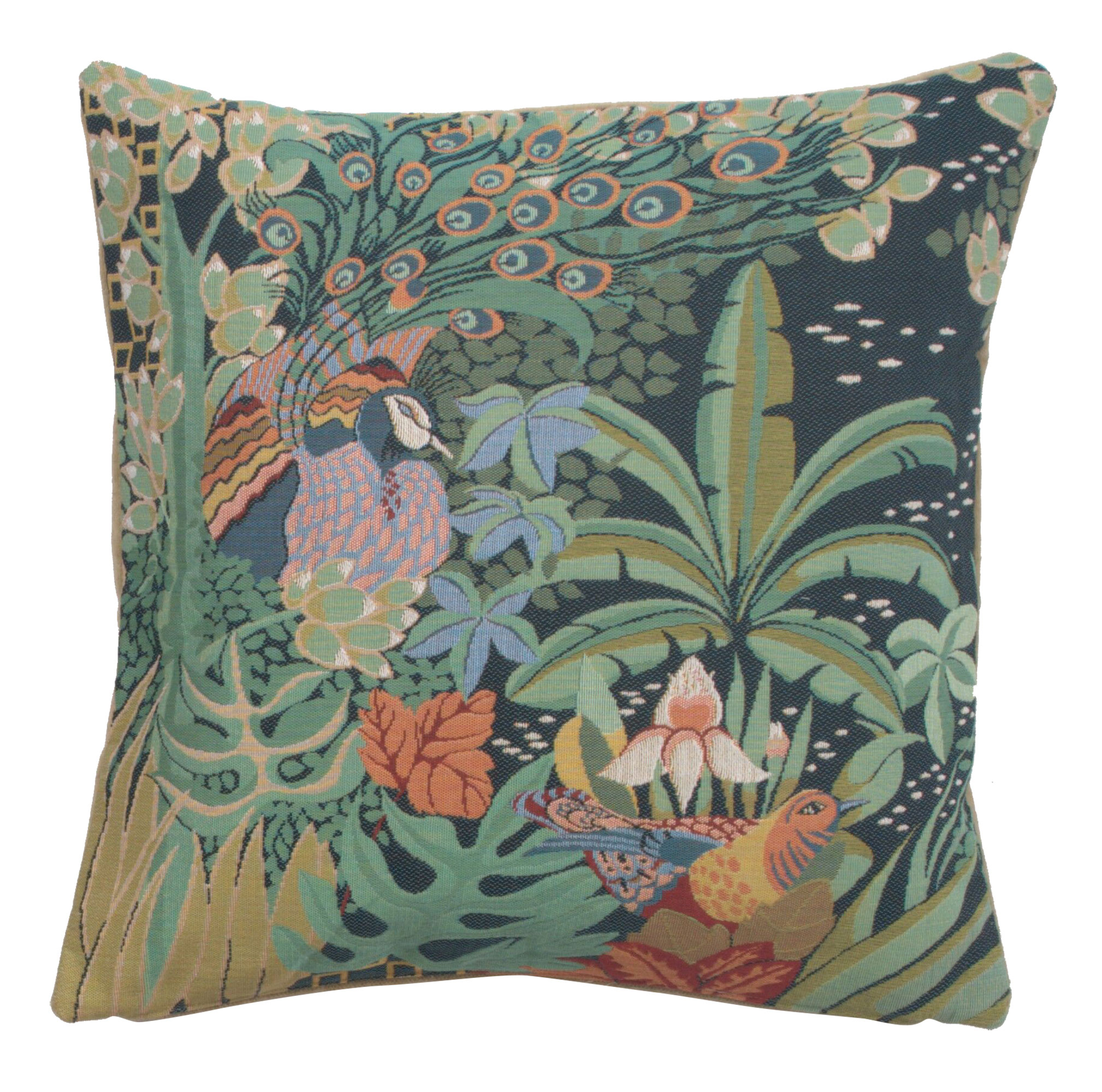 Anne Leurent Jungle and Two Birds Tapestry Pillow Cover 19x19 Inch Cotton Jacquard Woven Cushion Cover