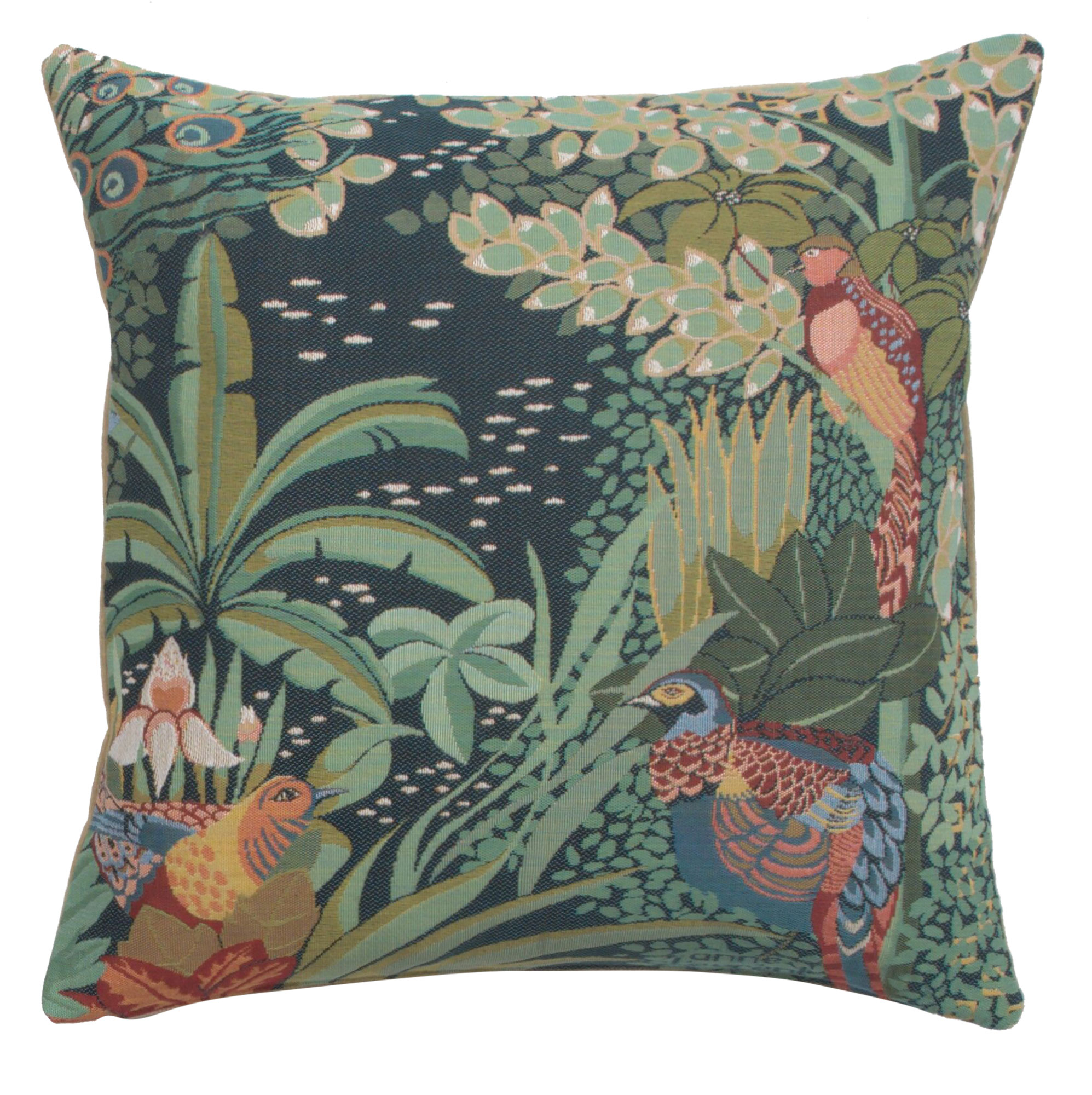 Anne Leurent Jungle and Three Birds Tapestry Pillow Cover 19x19 Inch Cotton Jacquard Woven Cushion Cover