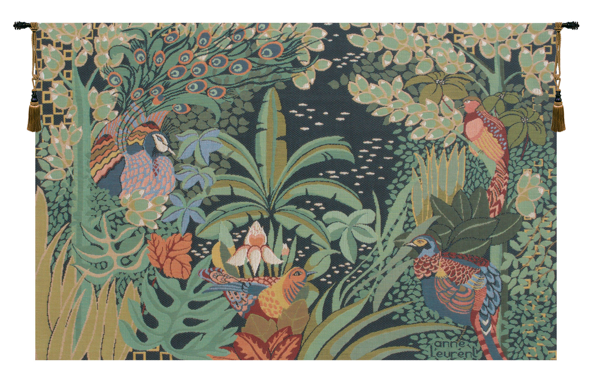 Anne Leurent Jungle and Four Birds Tapestry Wall Hanging 20 x 30 in Tropical Bird Botanical Jacquard Woven Wall Art