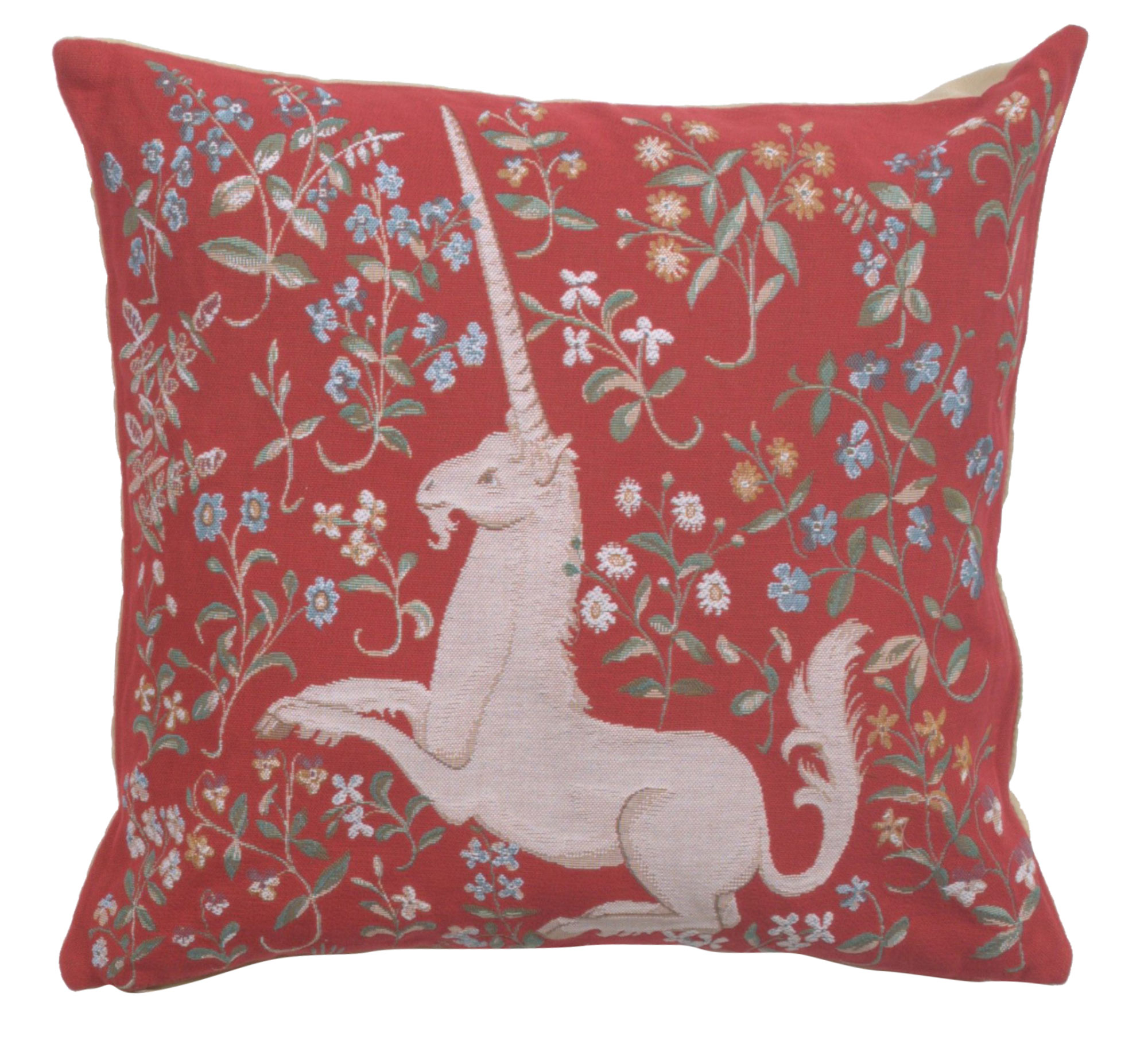 Medieval Licorne Fleuri Red Tapestry Pillow Cover 19x19 Inch Cotton Jacquard Woven Cushion Cover