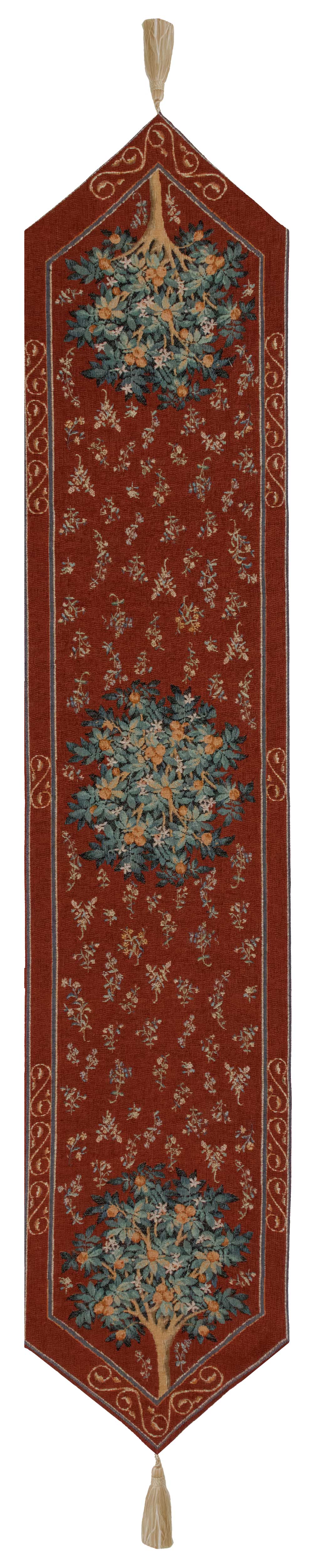 Orange Tree II Large French Jacquard Woven Table Runner 70x14 Inch Botanical Dining Decor