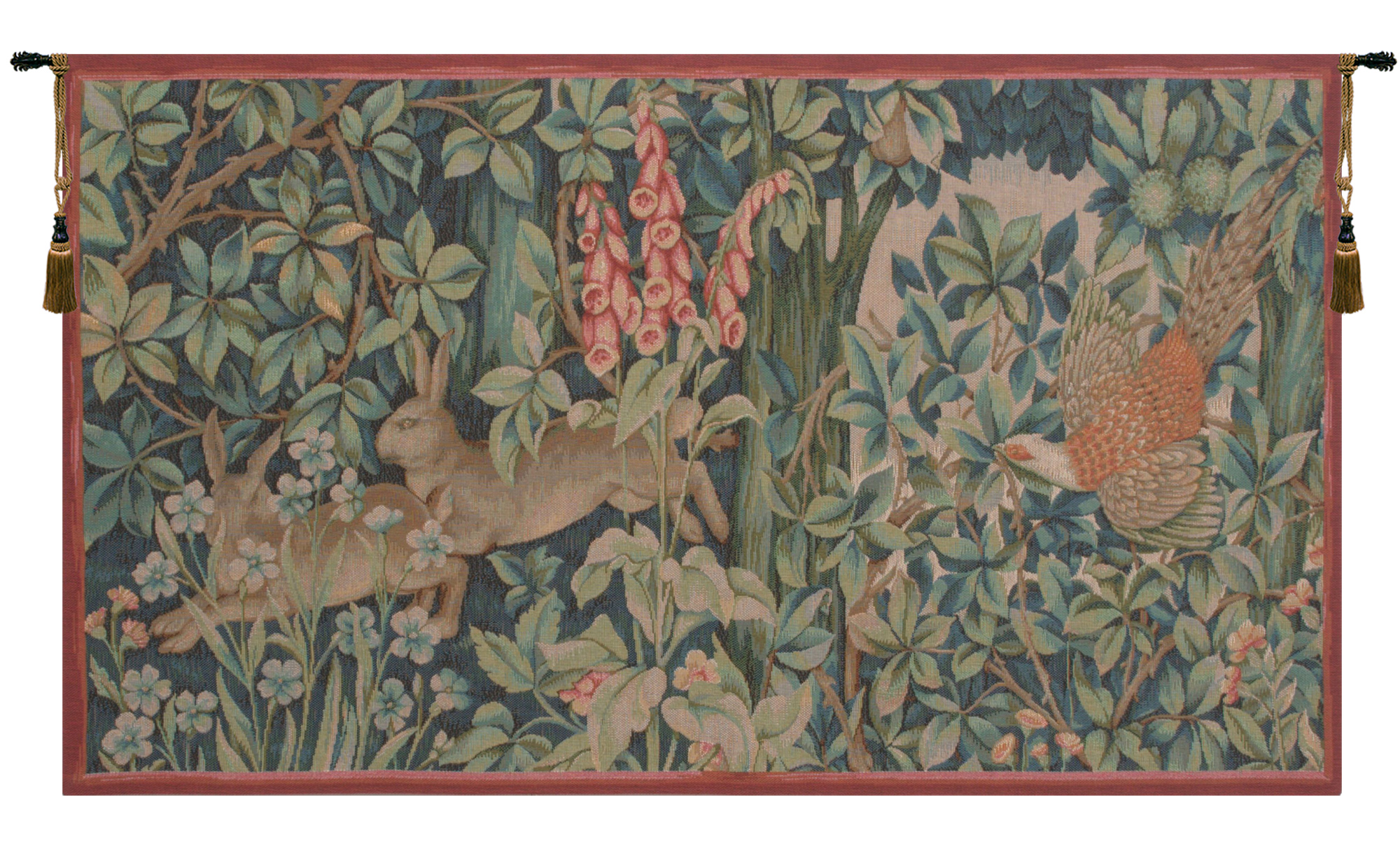 William Morris Hare and Pheasant Tapestry Wall Hanging 29 x 50 in Arts and Crafts Animal Jacquard Woven Wall Art