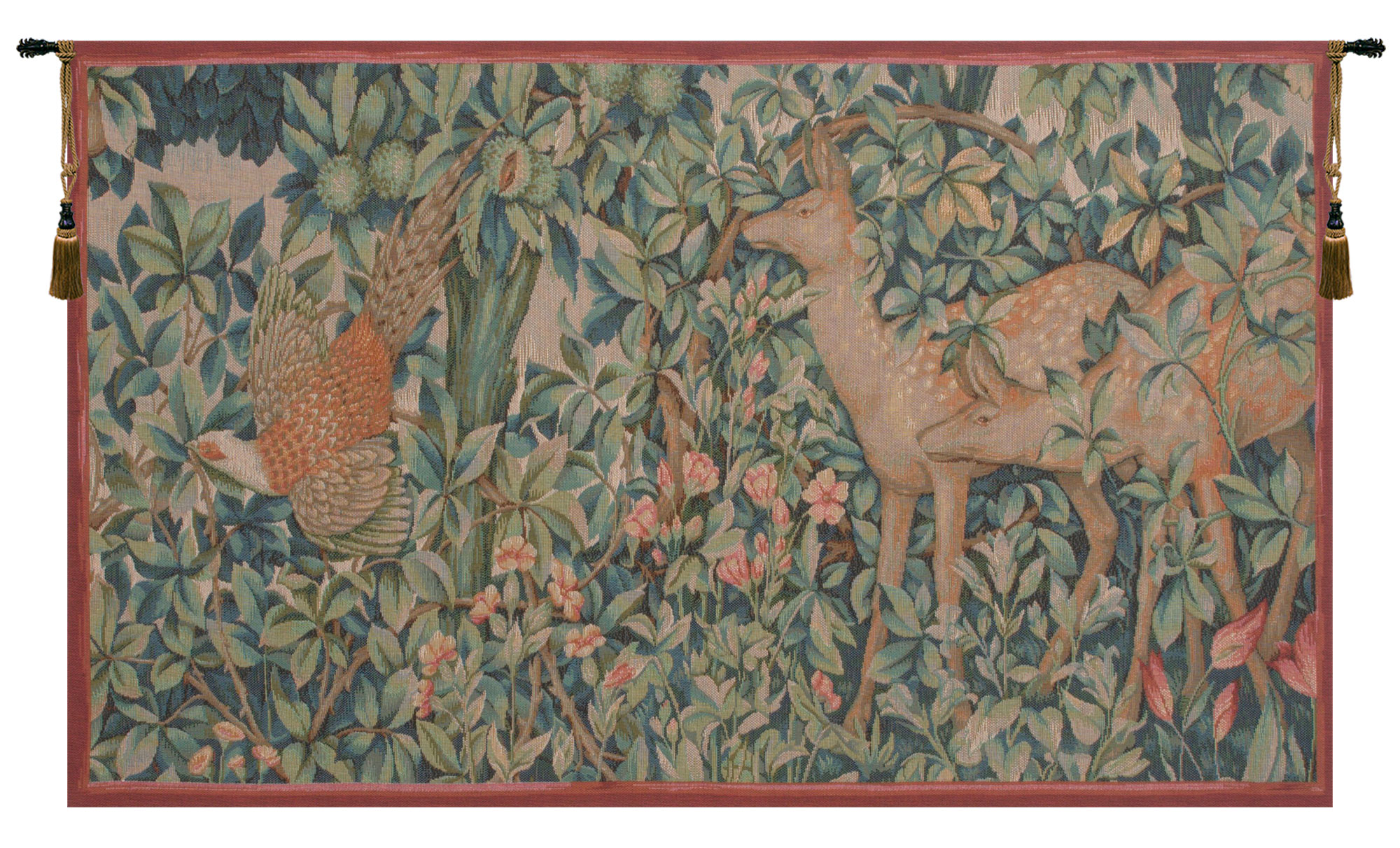 William Morris Pheasant and Doe Tapestry Wall Hanging 18 x 32 in Arts and Crafts Woodland Jacquard Woven Wall Art