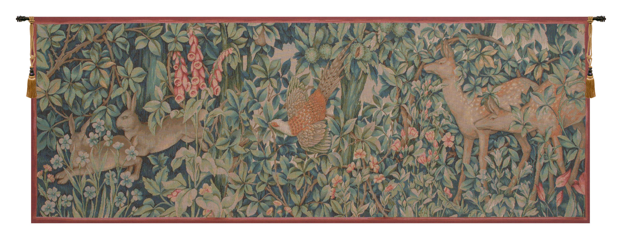 William Morris Pheasant and Doe Tapestry Wall Hanging 19 x 51 in Arts and Crafts Woodland Jacquard Woven Wall Art