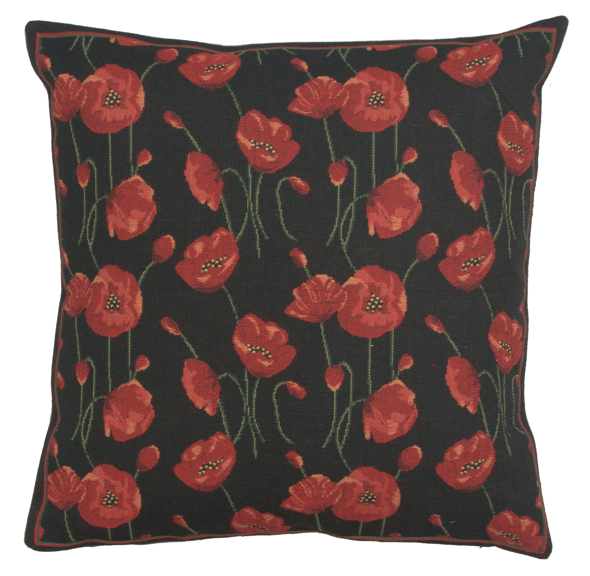 Floral Little Poppies Tapestry Pillow Cover 16x16 Inch Cotton Jacquard Woven Cushion Cover