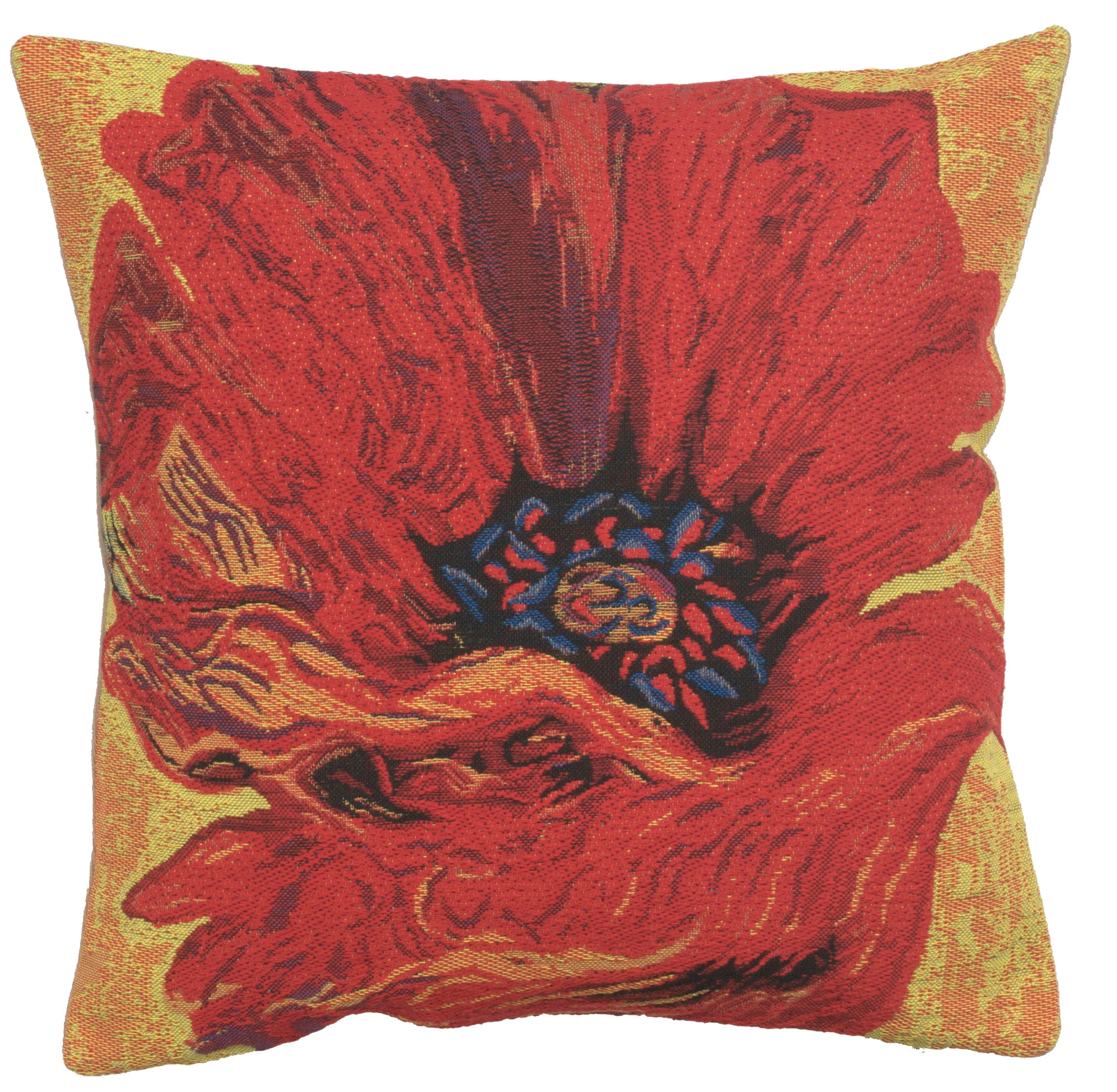 Floral Poppy Red Tapestry Pillow Cover 16x16 Inch Cotton Jacquard Woven Cushion Cover