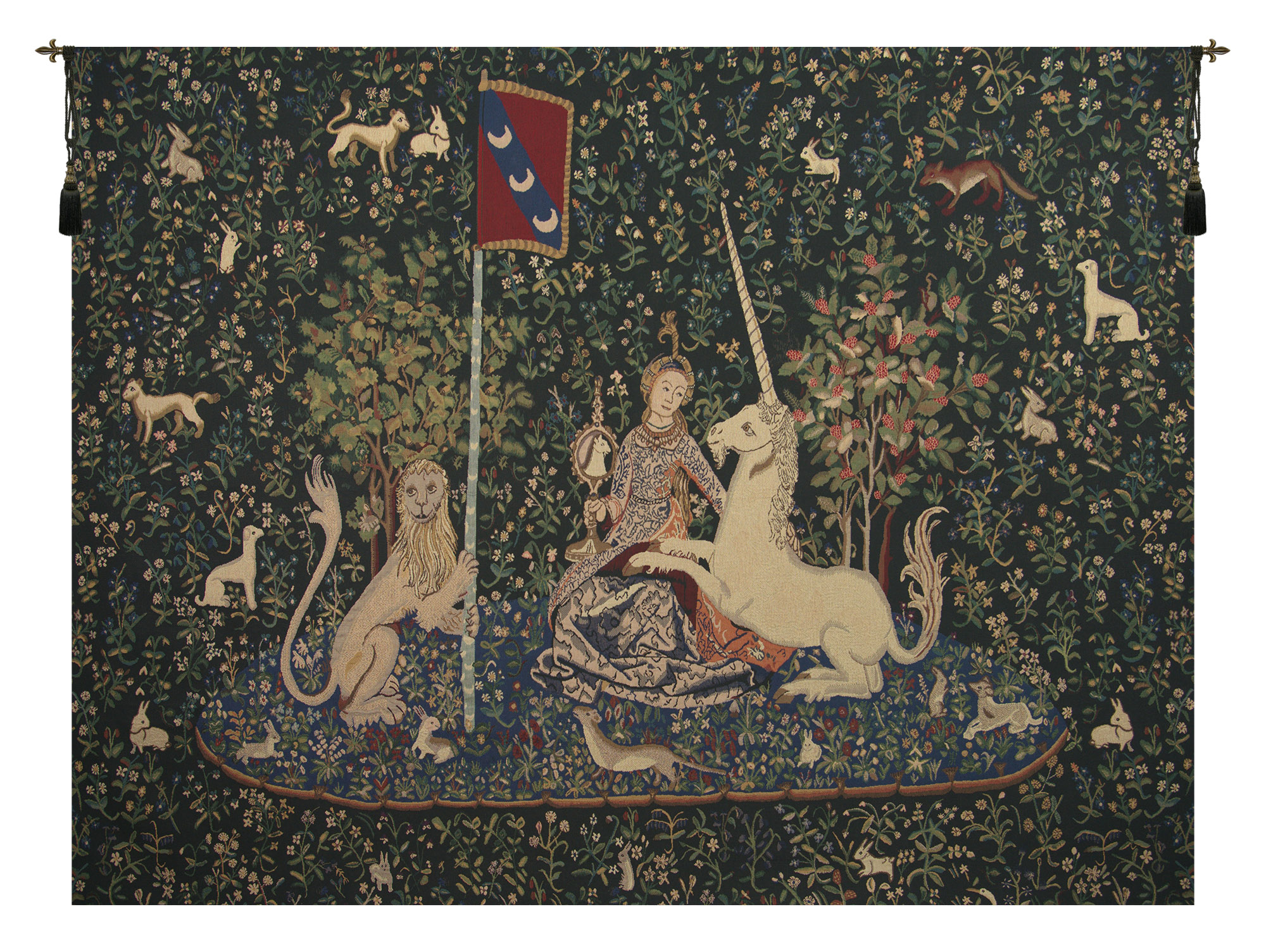 Medieval Lady and the Mirror Dark Vintage Tapestry Wall Hanging 66 x 87 in