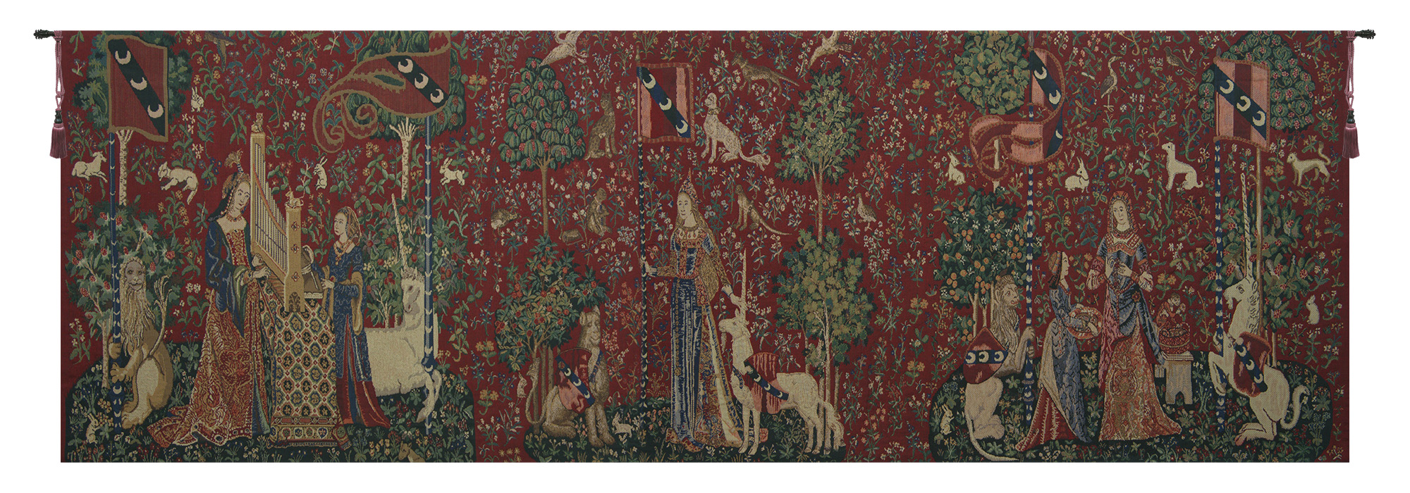Medieval Lady & Unicorn Serial Panoramic Tapestry Wall Hanging 30 x 100 in