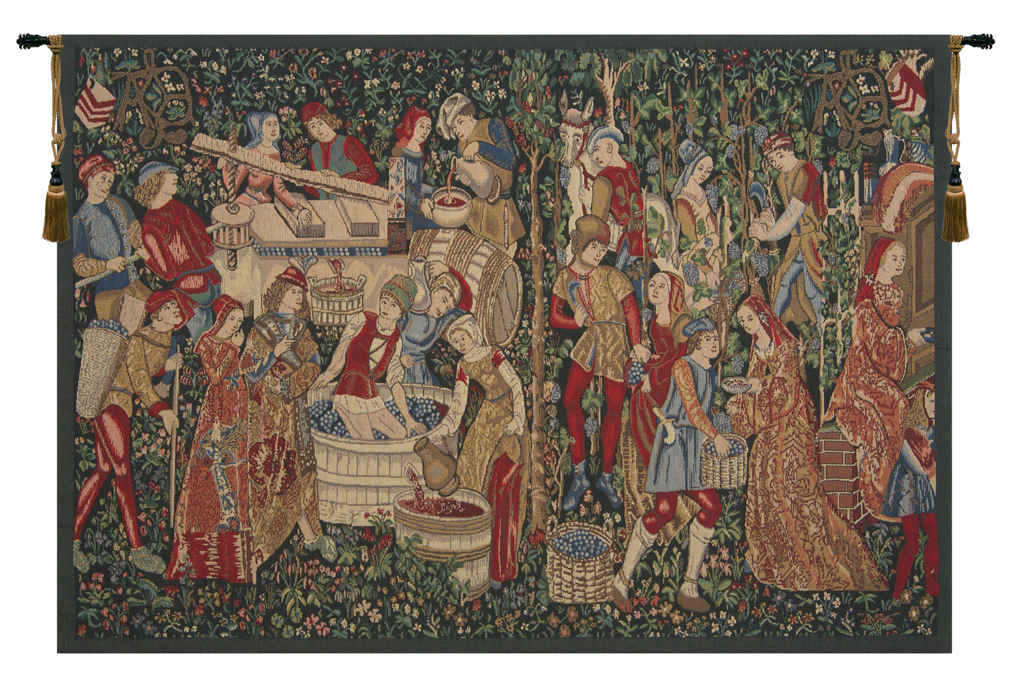 Vendages Red Small Belgian Tapestry 34x47 Medieval Grape Harvest Vineyard Jacquard Woven Wall Hanging