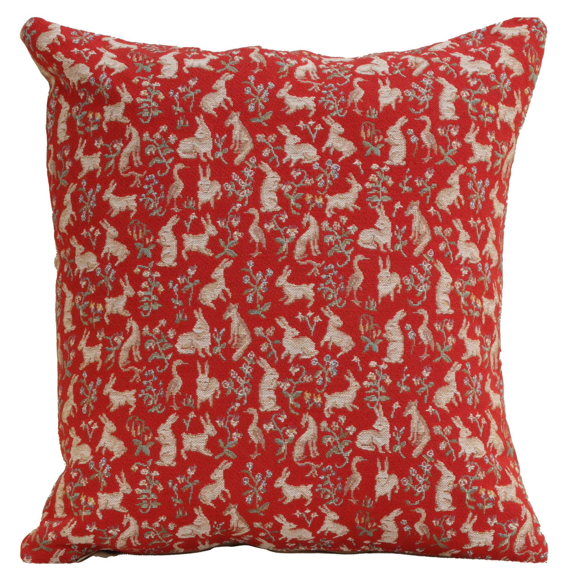 Medieval Mille Fleurs and Little Animals Red Tapestry Pillow Cover 14x14 Inch Cotton Jacquard Woven Cushion Cover