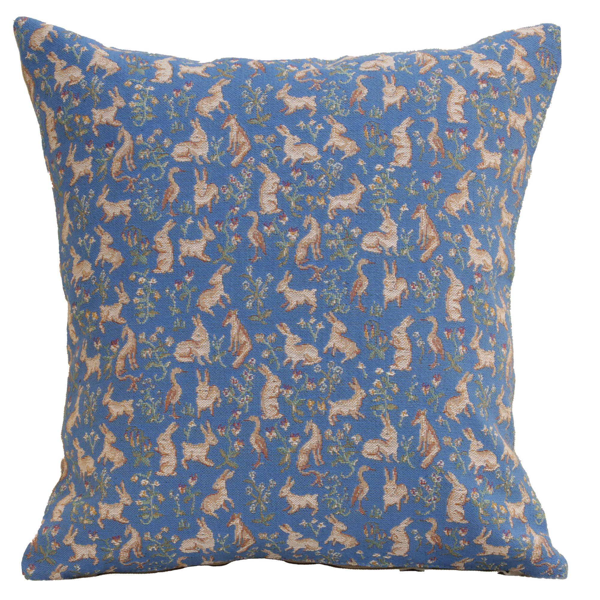 Medieval Mille Fleurs and Little Animals Blue Tapestry Pillow Cover 14x14 Inch Cotton Jacquard Woven Cushion Cover