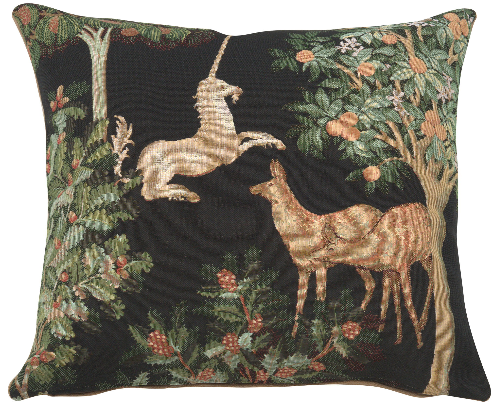 Medieval Unicorn and Does Forest Black Tapestry Pillow Cover 19x19 Inch Cotton Jacquard Woven Cushion Cover