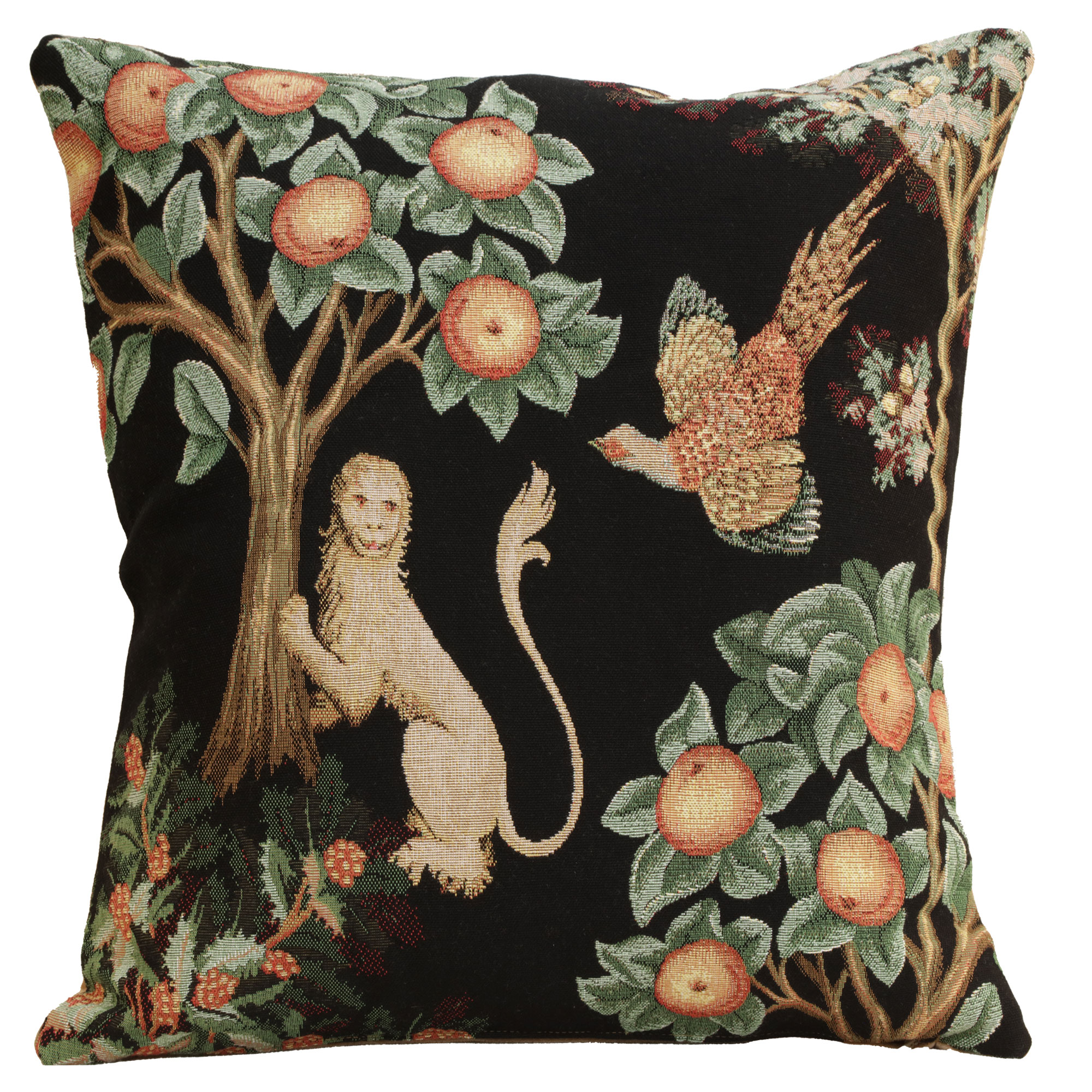 Medieval Lion and Pheasant Forest Black Tapestry Pillow Cover 19x19 Inch Cotton Jacquard Woven Cushion Cover