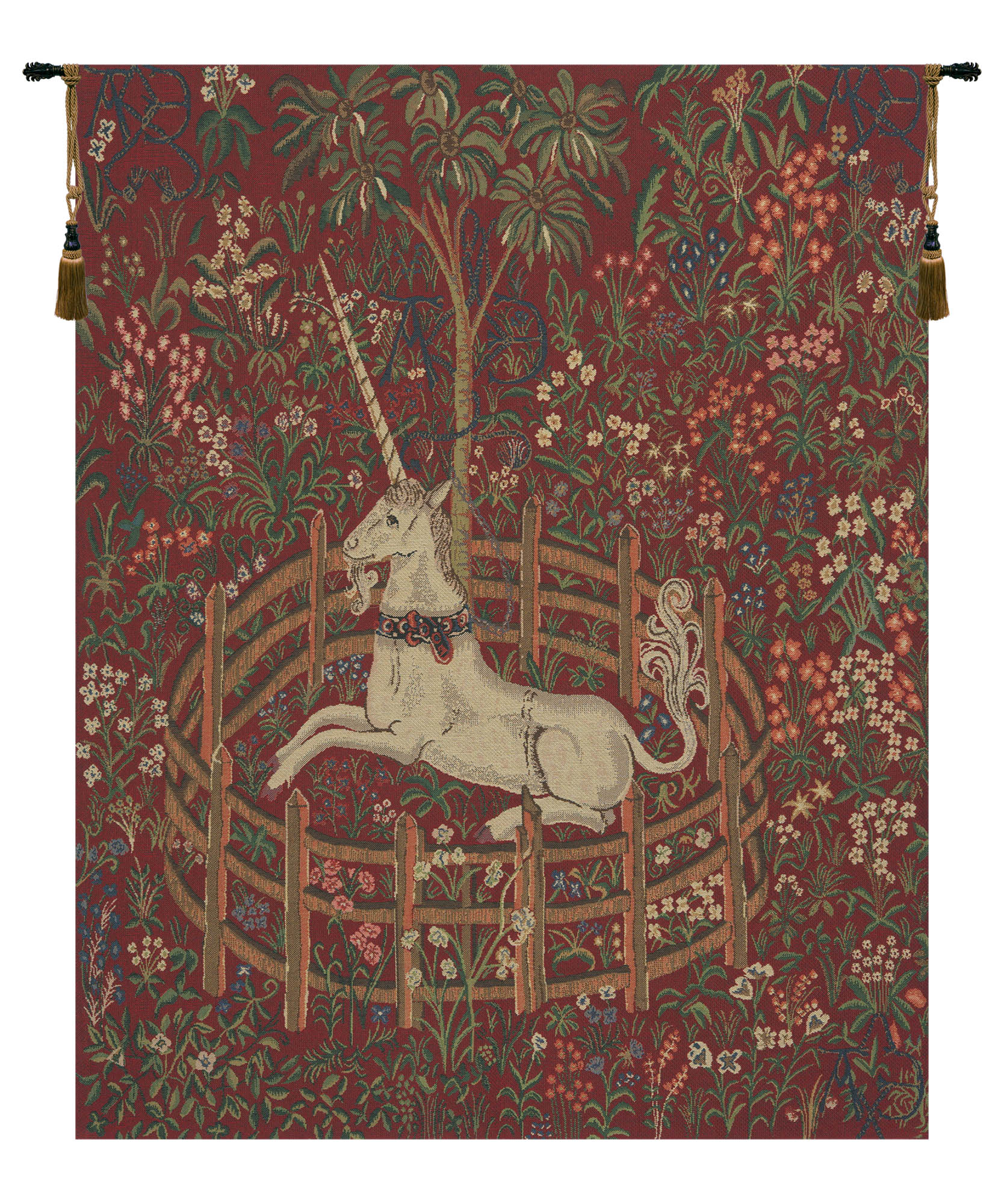Medieval Unicorn In Captivity Red Vintage Tapestry Wall Hanging 34 x 27 in Millefleurs Unicorn Jacquard Woven Wall Art