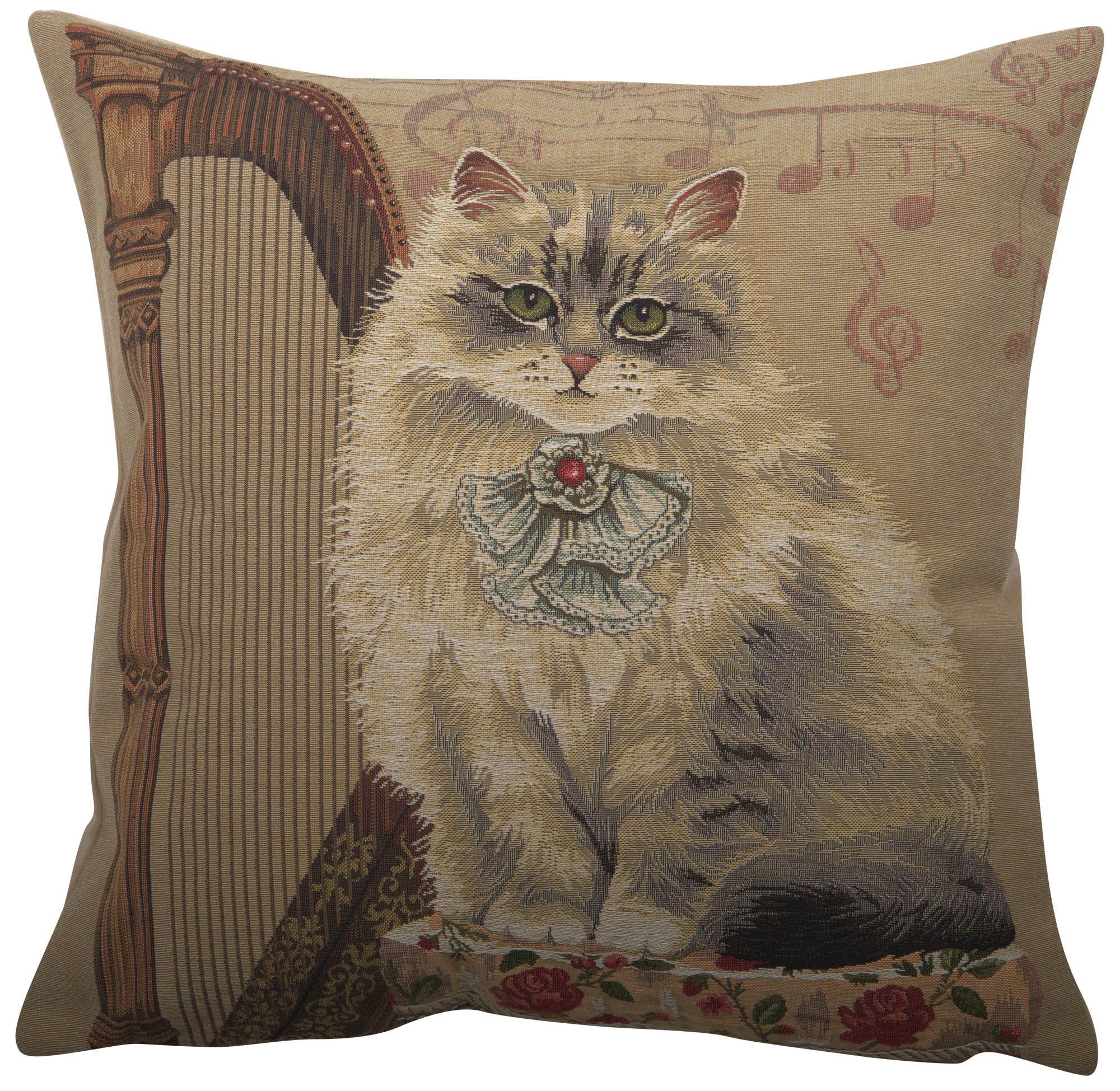 Cat with Harp Belgian Tapestry Pillow Cover 18x18 Inch Cotton Jacquard Woven Cushion Cover